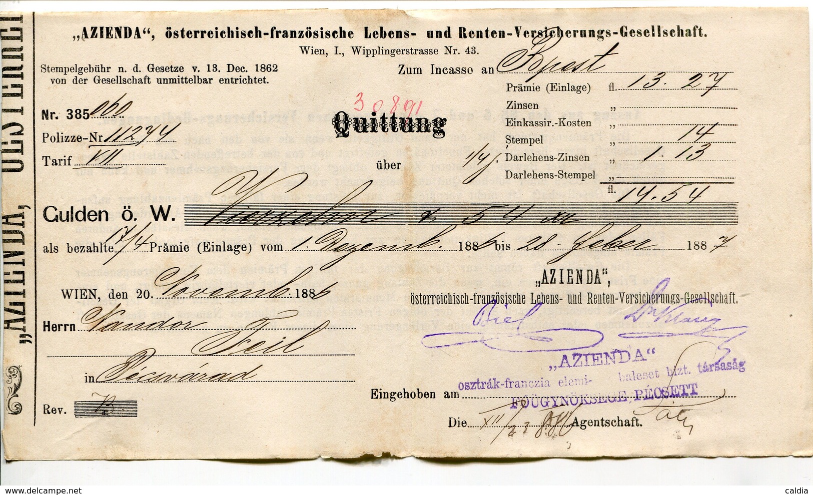 Autriche Austria Österreich Ticket QUITTUNG " AZIENDA " Austria - France Society 1887 # 2 - Autriche