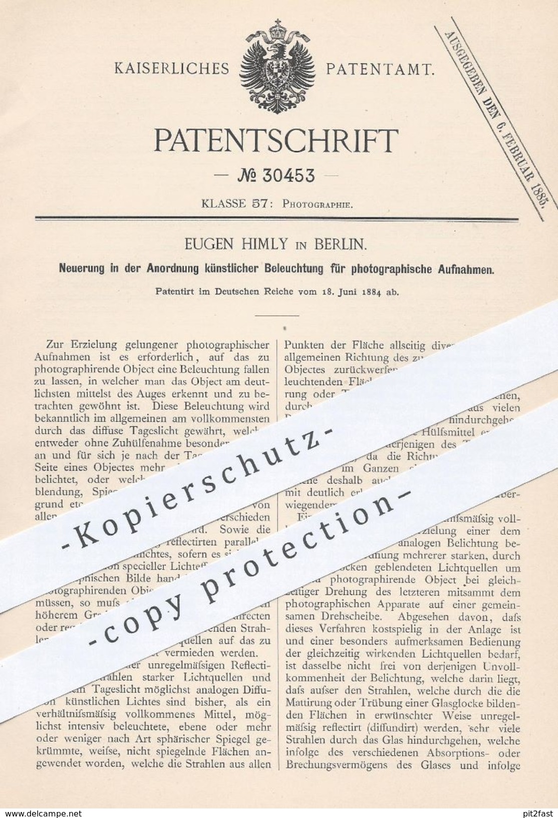 Original Patent - Eugen Himly , Berlin , 1884 , Künstliche Beleuchtung In Der Fotografie | Fotograf , Kamera , Foto !! - Historische Dokumente