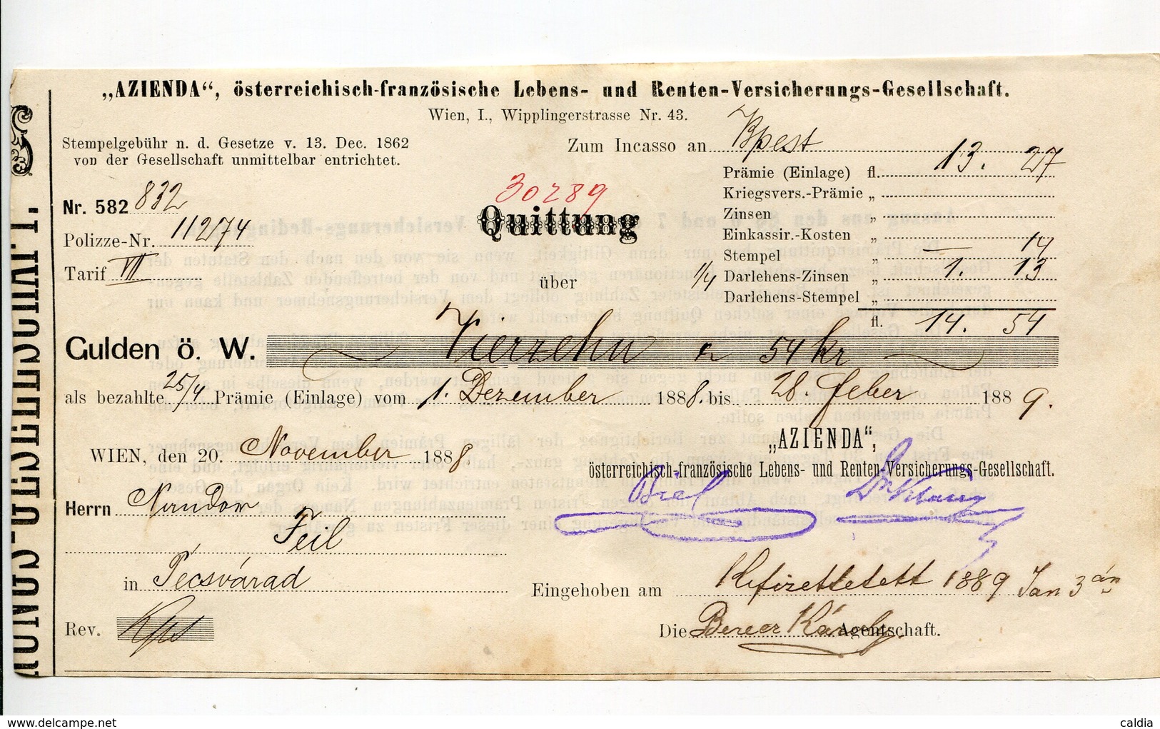 Autriche Austria Österreich Ticket QUITTUNG " AZIENDA " Austria - France Society 1889 # 1 - Österreich