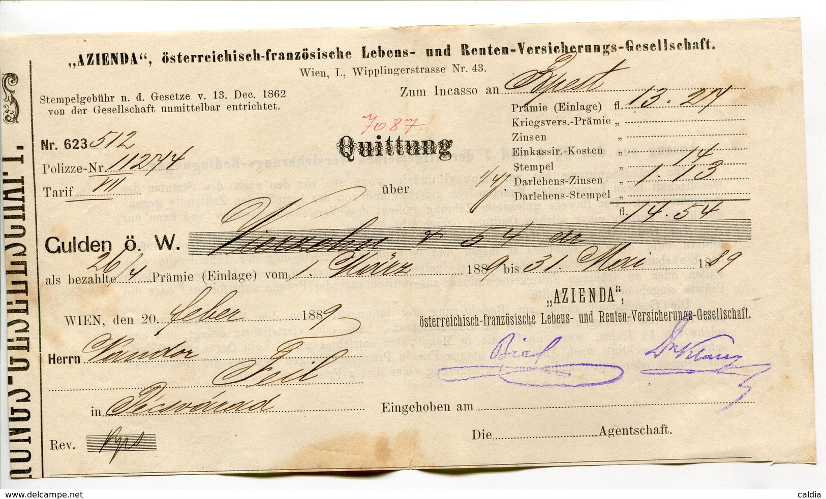 Autriche Austria Österreich Ticket QUITTUNG " AZIENDA " Austria - France Society 1889 # 2 - Austria