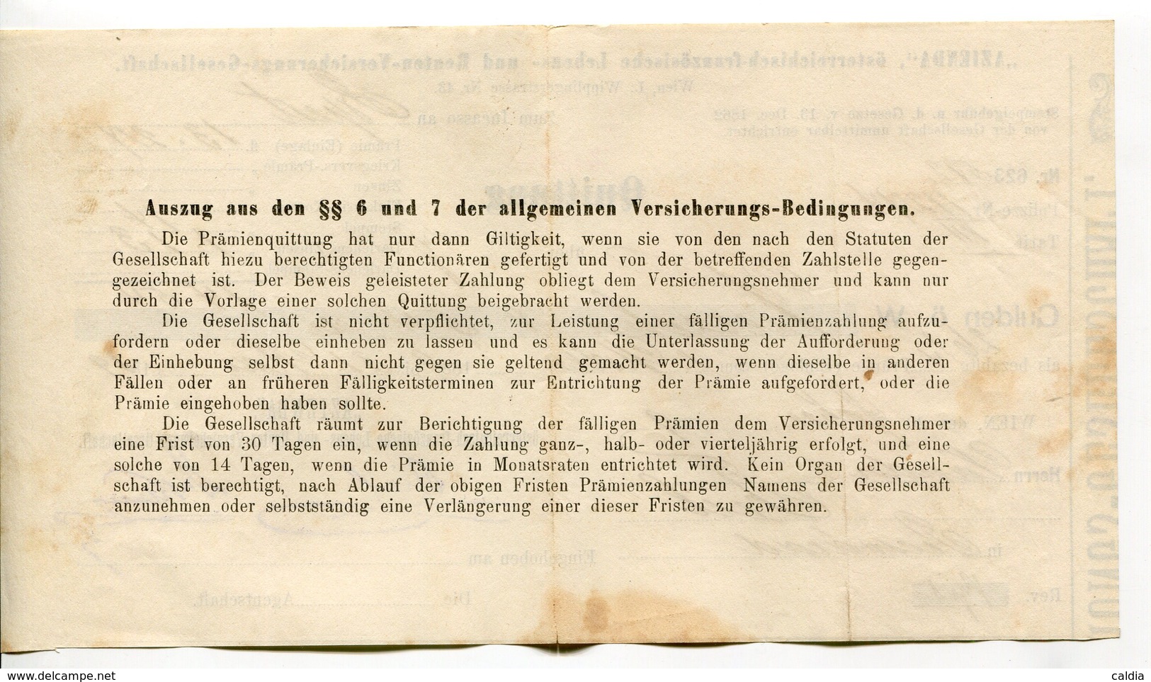Autriche Austria Österreich Ticket QUITTUNG " AZIENDA " Austria - France Society 1889 # 2 - Austria