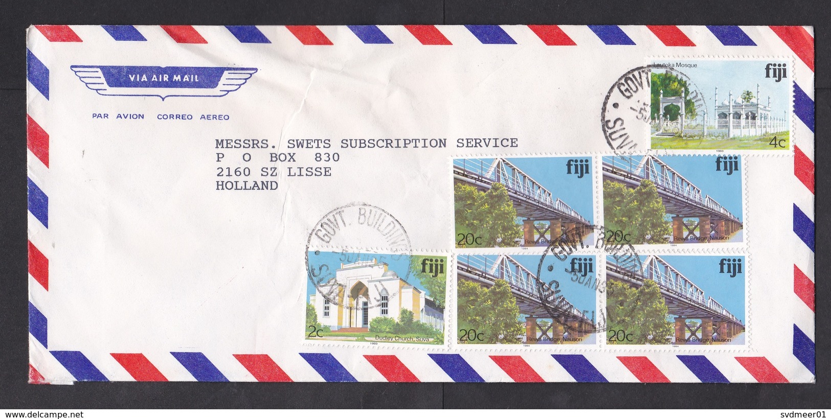 Fiji: Airmail Cover To Netherlands, 1995, 6 Stamps, Bridge, Mosque, Church, Architecture (creases) - Fiji (1970-...)