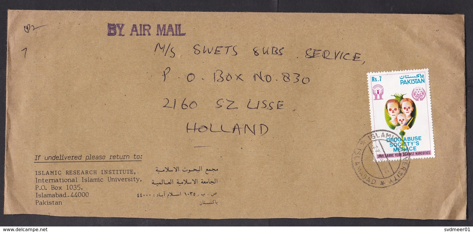 Pakistan: Airmail Cover To Netherlands, 1990, 1 Stamp, Year Against Narcotics, Drug Abuse, Health, Skull (traces Of Use) - Pakistan