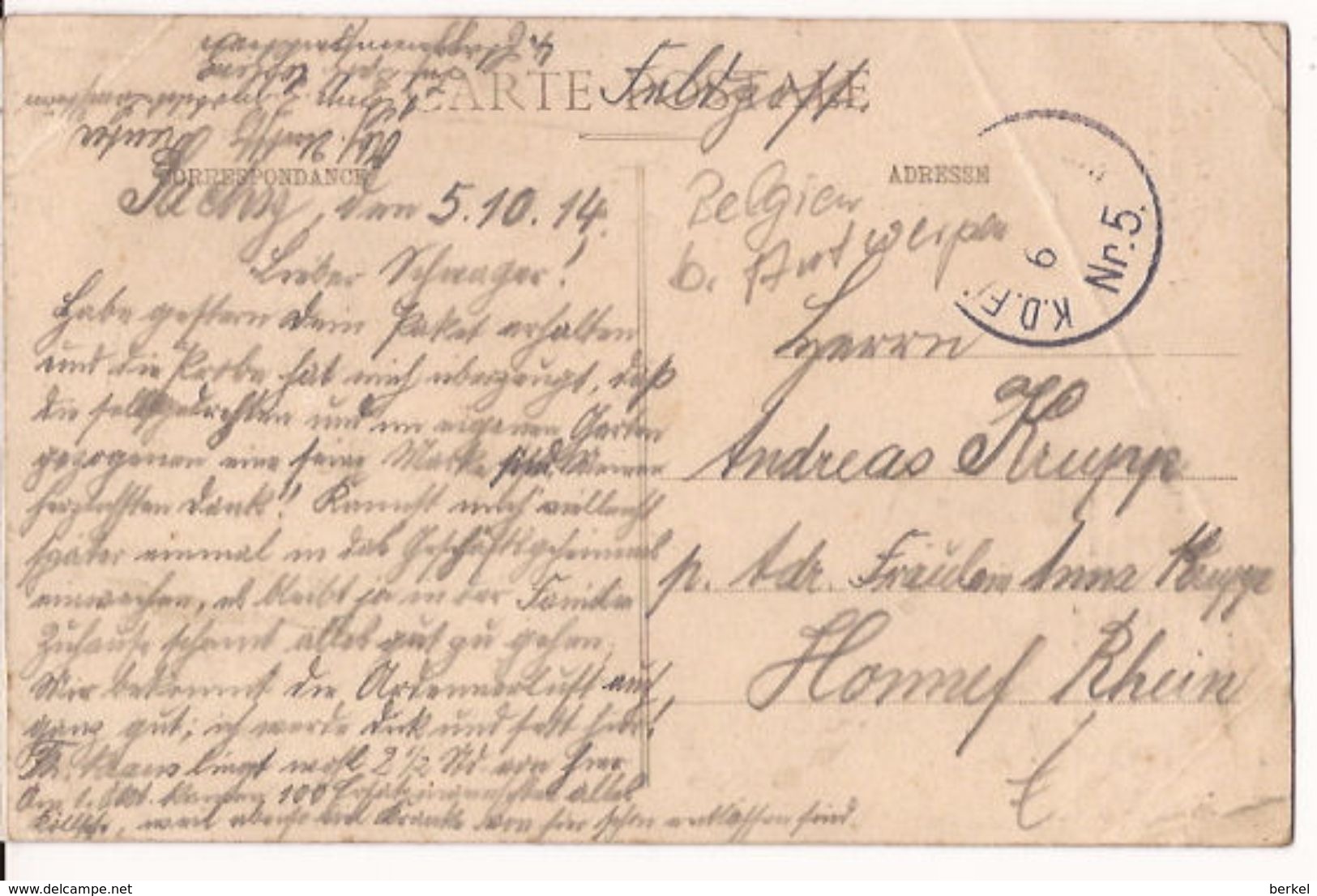 HERENTALS  GROOTE MARKT  FELDPOST 5.10.1914 Staat Re520 /d6 - Herentals