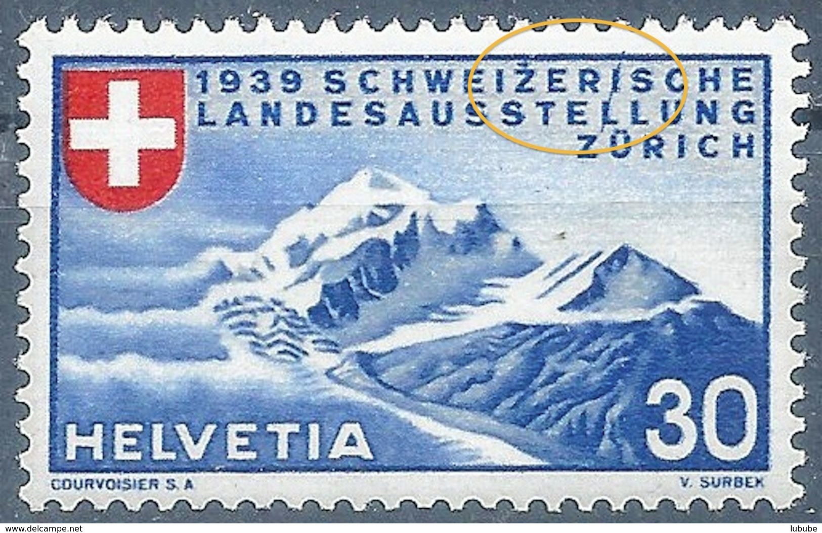 Piz Bernina 221, 30 Rp.blau/rot  ABART              1939 - Ungebraucht