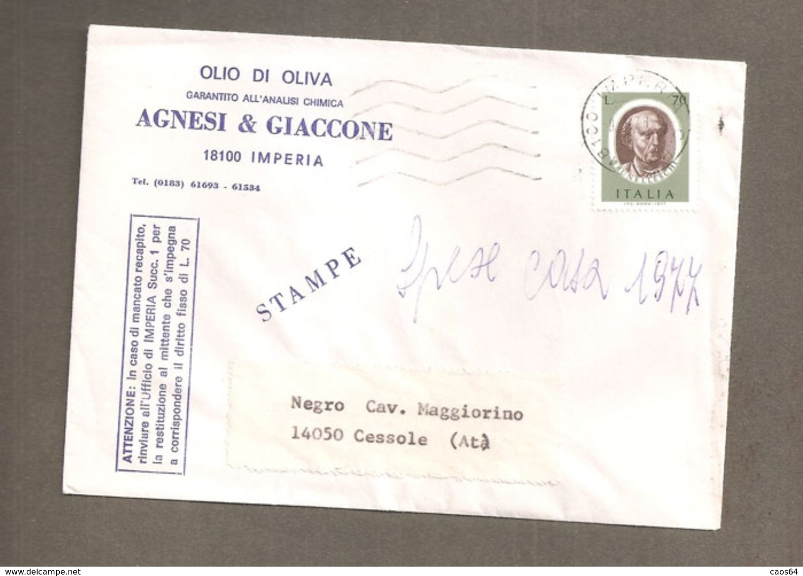 ITALIA STORIA POSTALE 1978 BRUNELLESCHI L.70 ANNULLO IMPERIA BUSTA INTESTATA OLIO DI OLIVA AGNESI & GIACCONE - 1971-80: Storia Postale