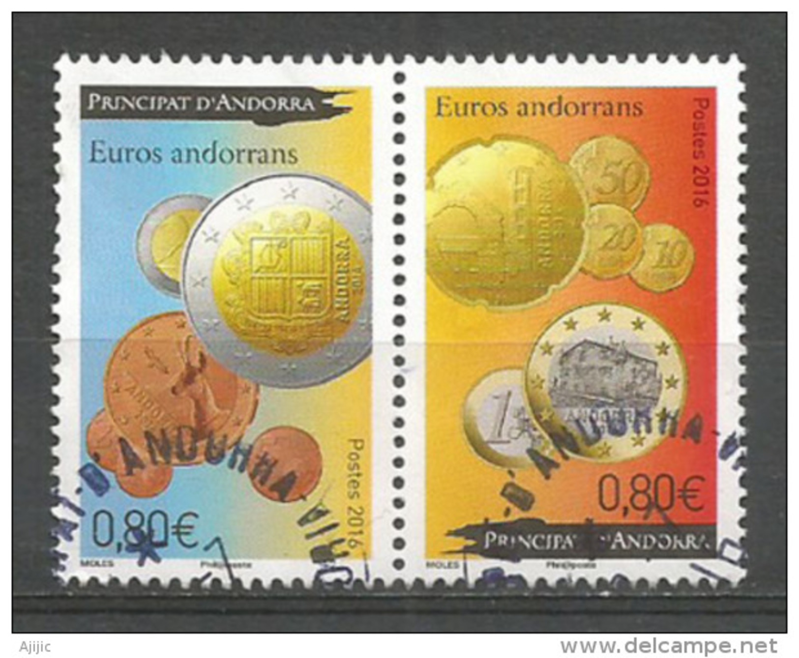 Monnaie Euro Andorrans. Mise En Circulation 2016, Deux Timbres Oblitérés Se-tenant. Oblitération Ronde - Oblitérés