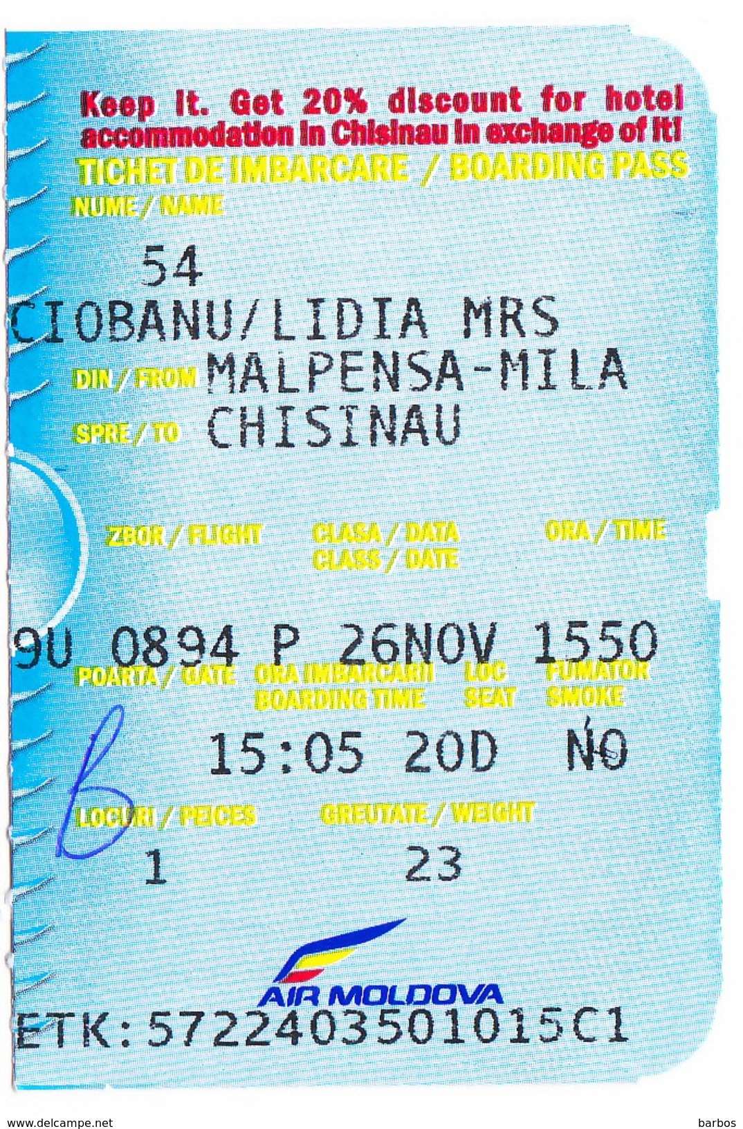 2017  , Avion Ticket , Boarding Pass., Malpensa  To Chisinau , Milano , Used - Europa