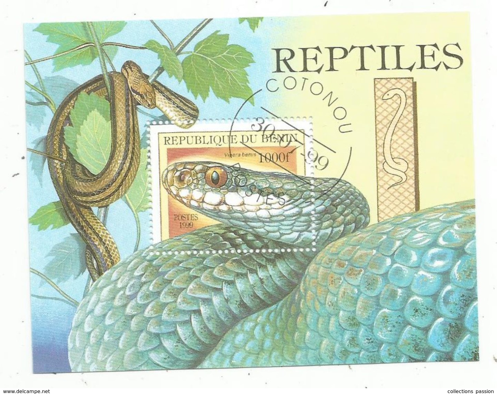 Timbre , REPTILES , Serpents , REPUBLIQUE DU BENIN , 1000f , Cotonou , 1999 , Vipera Berus - Serpents