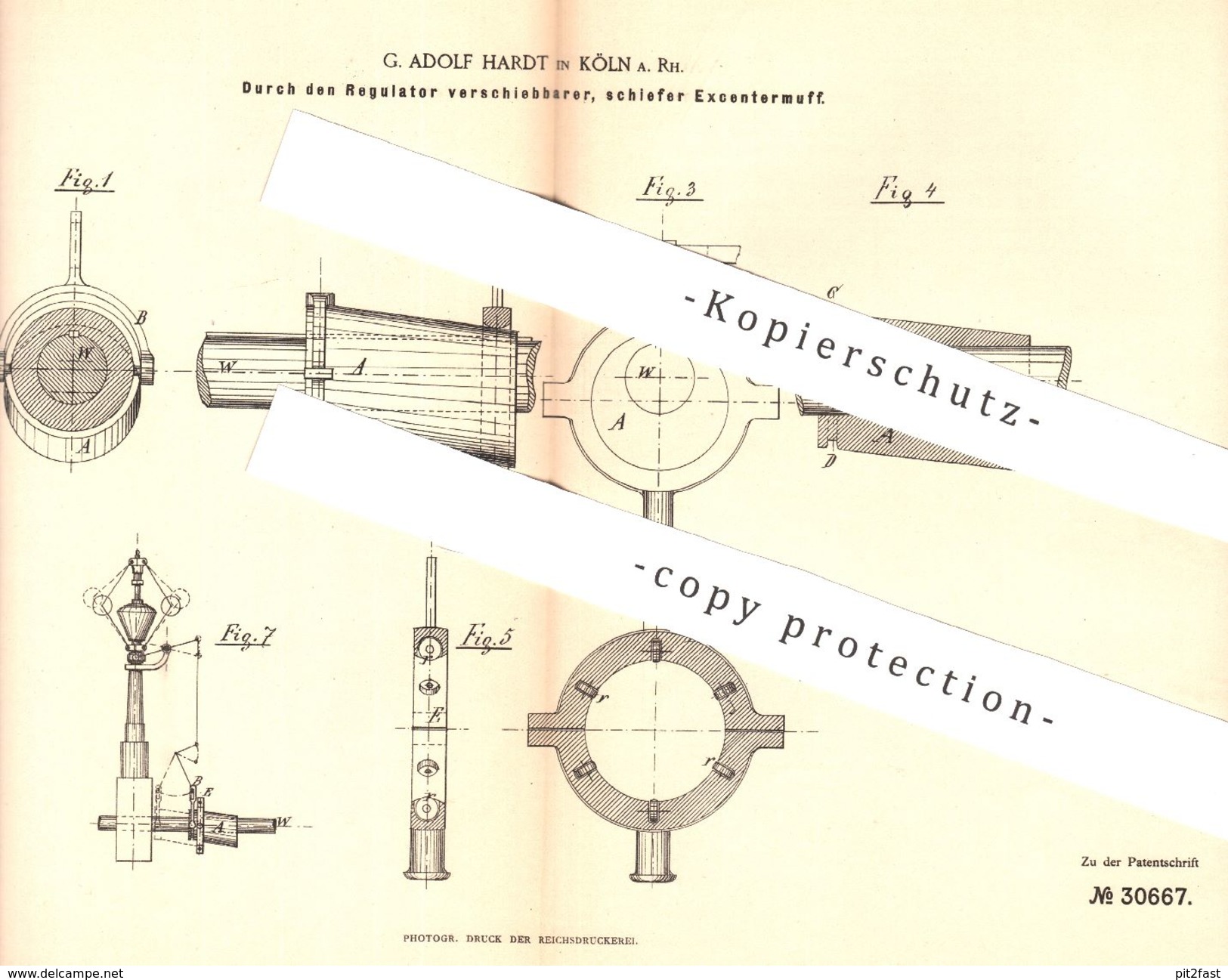 Original Patent - G. Adolf Hardt , Köln / Rhein , 1884 , Per Regulator Verschiebbarer Exzentermuff | Dampfmaschine !!! - Historische Dokumente