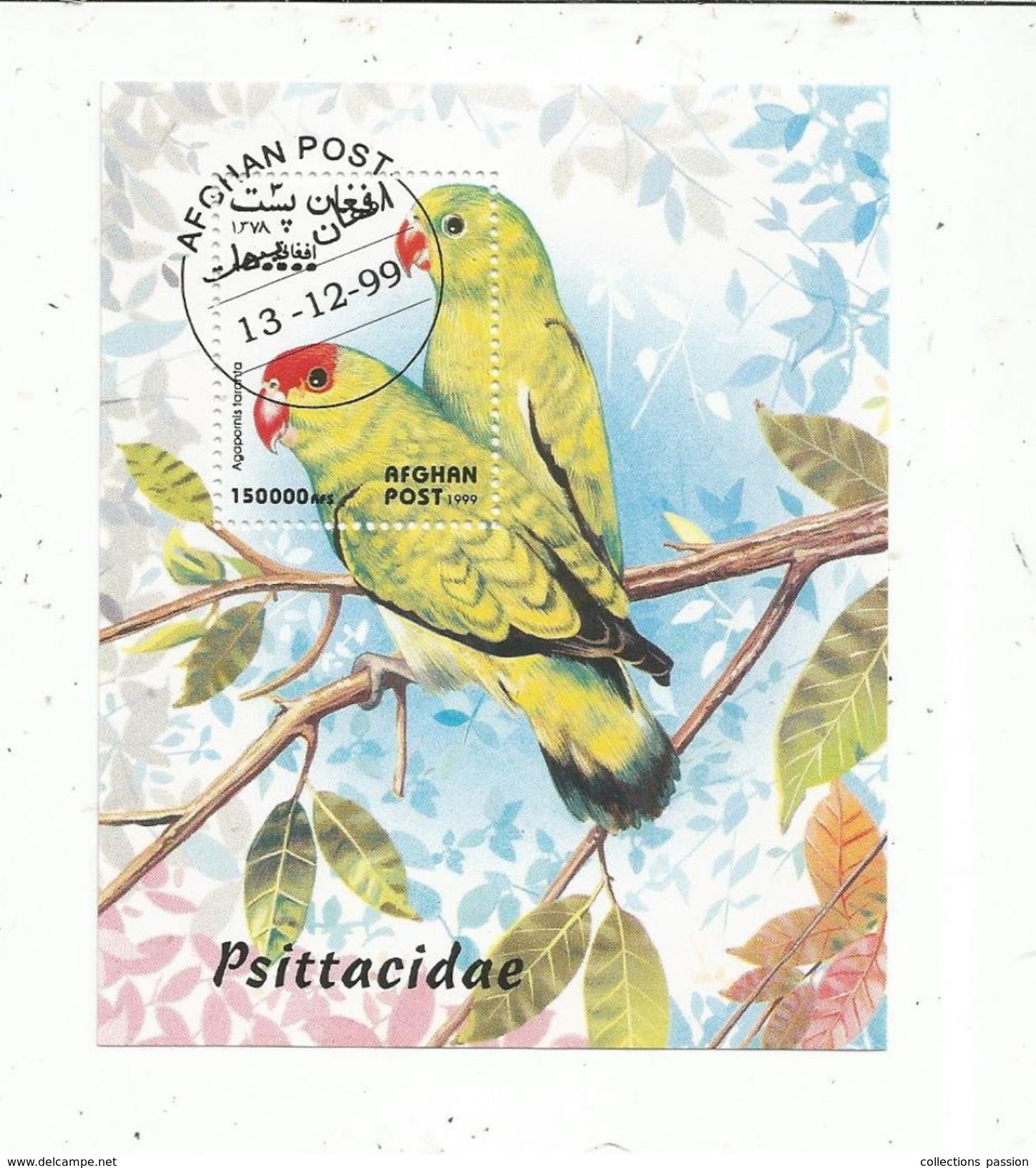 Timbre , PERROQUETS , Afghan Post , 1999 , Psittacidae - Pappagalli & Tropicali