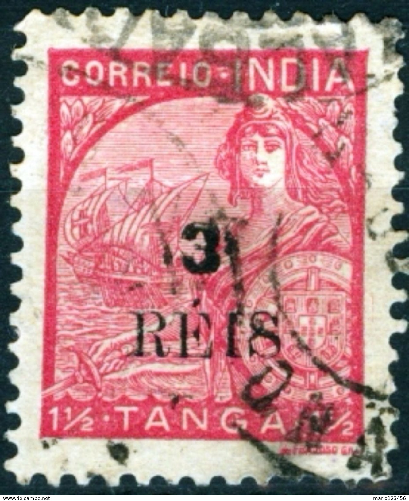 INDIA, PORTUGUESE INDIA, VASCO DA GAMA, 1943, FRANCOBOLLI USATI, 3 R. On 1½ T. Michel 428   Scott 455 - Portugiesisch-Indien