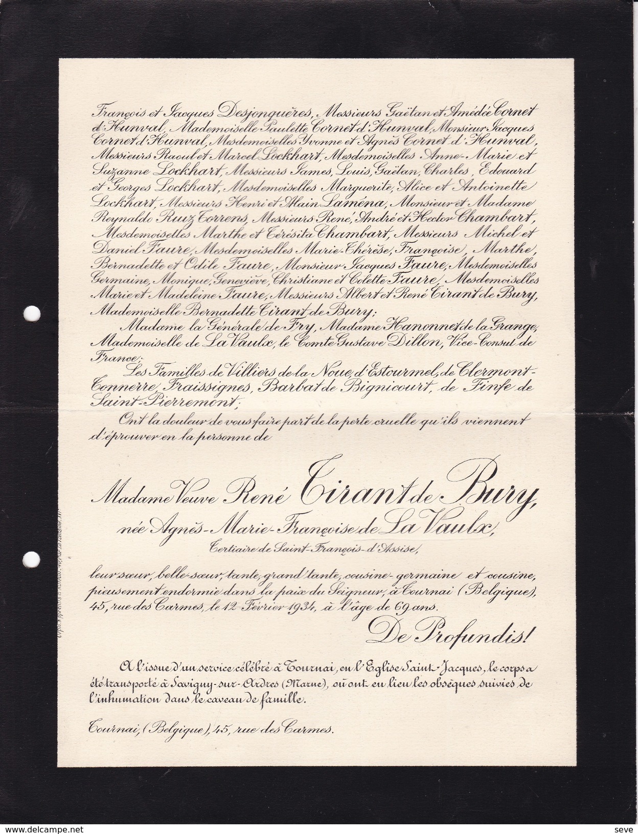 SAVIGNY-sur-ARDRES Marne Agnès De LA VAULX Veuve René TIRANT De BURY Décédée Tournai 69 Ans 1934 En 2 Volets Complets - Décès