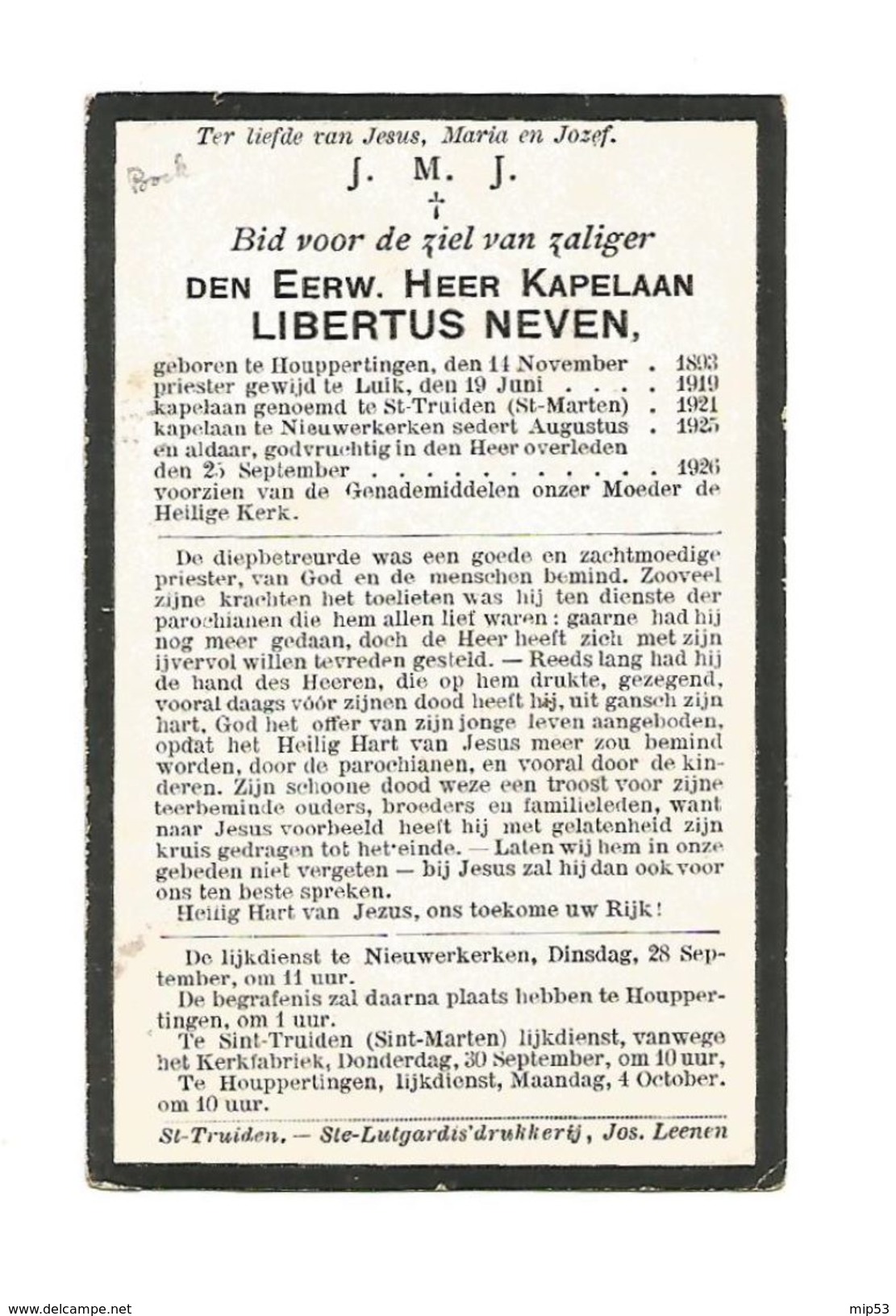 P 436. E.H.Kapelaan LIBERTUS NEVEN - °HOEPERTINGEN 1893 /LUIK/ ST-TRUIDEN/ NIEUWERKERKEN En Aldaar +1926 - Images Religieuses