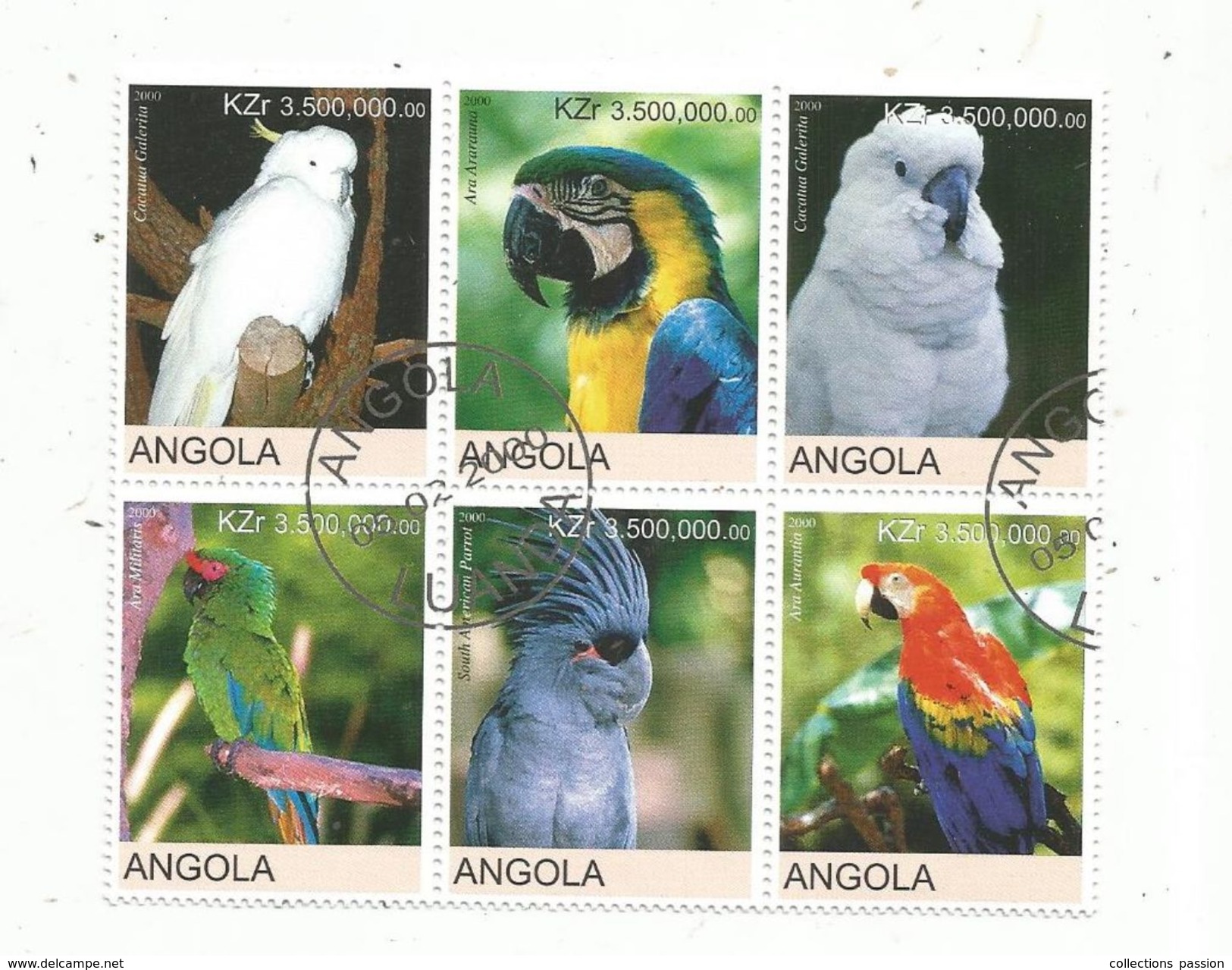 Timbre , PERROQUETS , ANGOLA , 2000 , BLOC DE 6 TIMBRES - Parrots