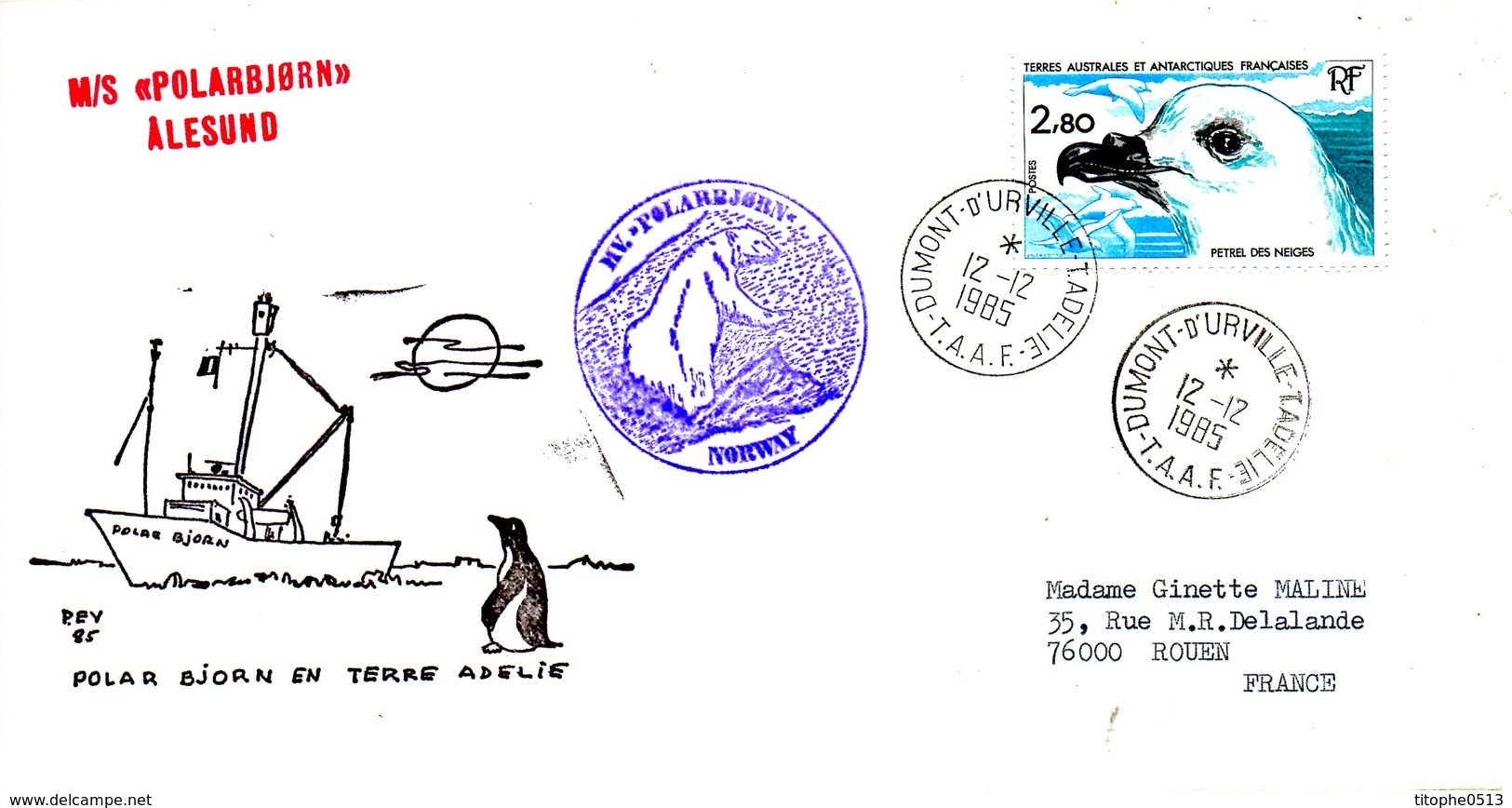 TAAF. N°110 De 1985 Sur Enveloppe Commémorative. Polarbjorn En Terre Adélie/Pétrel Des Neiges - Polar Ships & Icebreakers