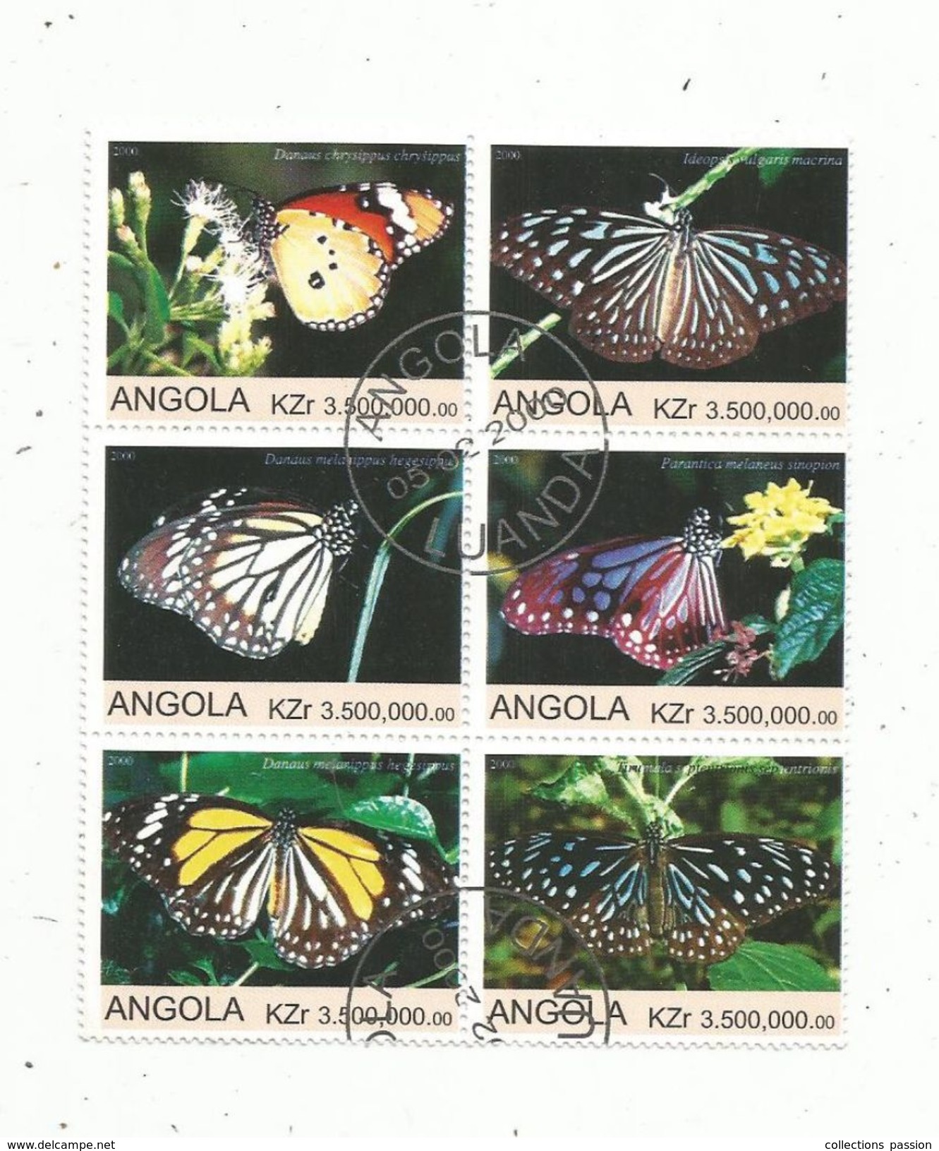 Timbre , PAPILLONS , ANGOLA , 2000 , BLOC DE 6 TIMBRES - Vlinders