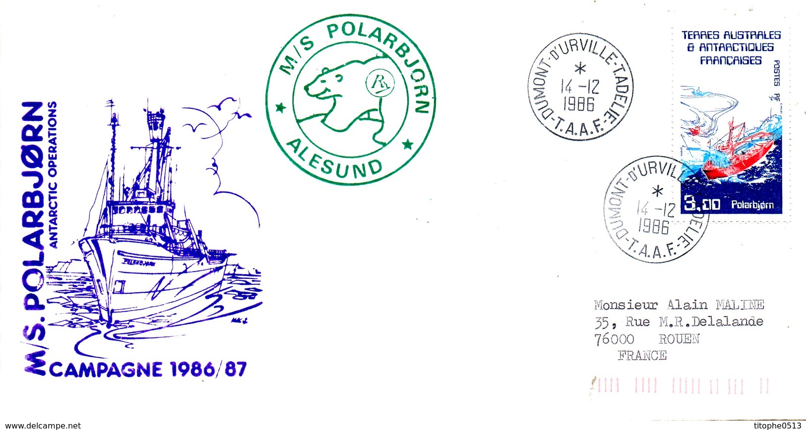 TAAF. N°121 De 1986 Sur Enveloppe Commémorative. Navire Polarbjorn En Terre Adélie. - Polar Ships & Icebreakers