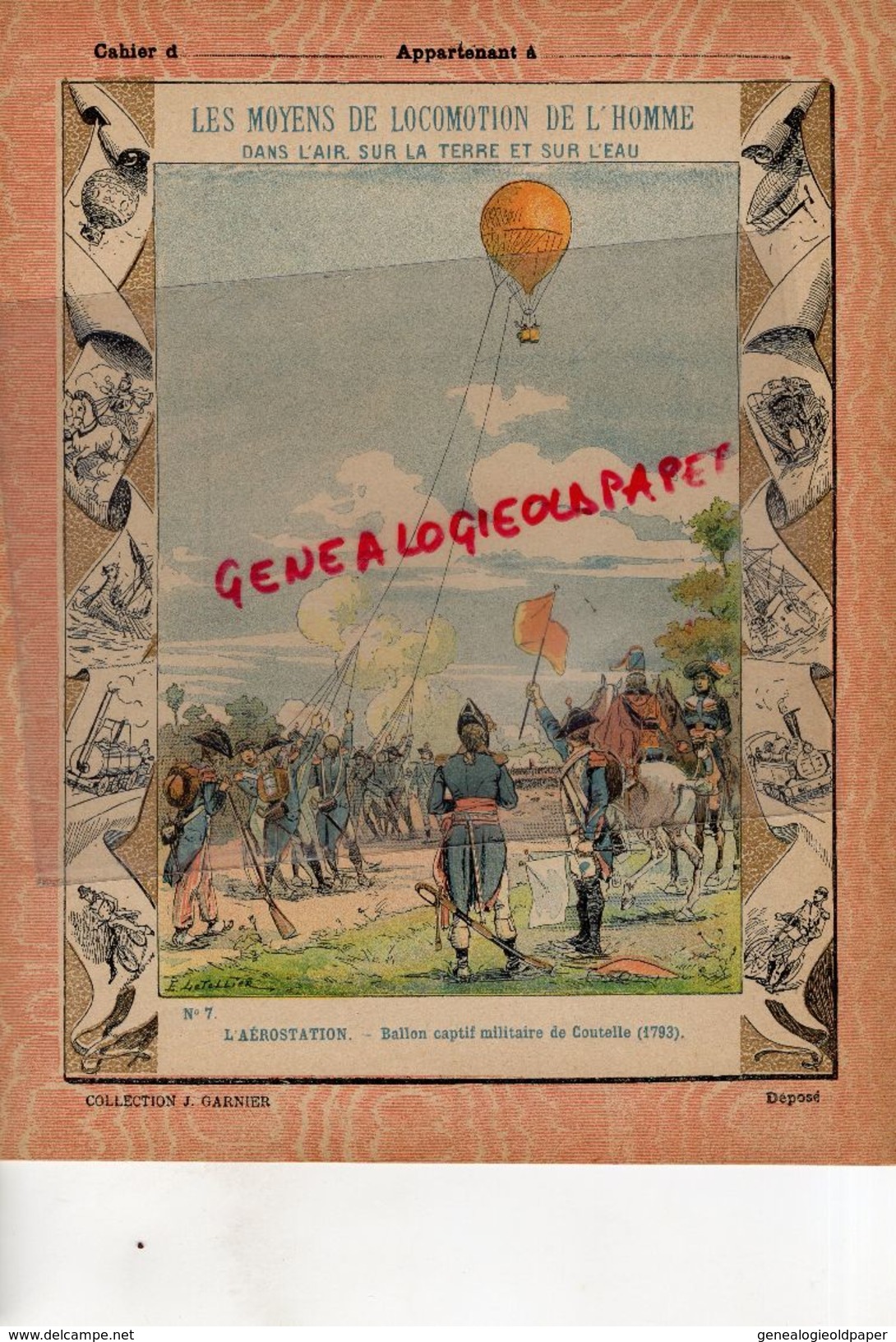 PROTEGE CAHIER-N° 7- MOYENS LOCOMOTION HOMME-AEROSTATION-MONTGOLFIERE -BALLON CAPTIF MILTAIRE DE COUTELLE 1793 - Transports