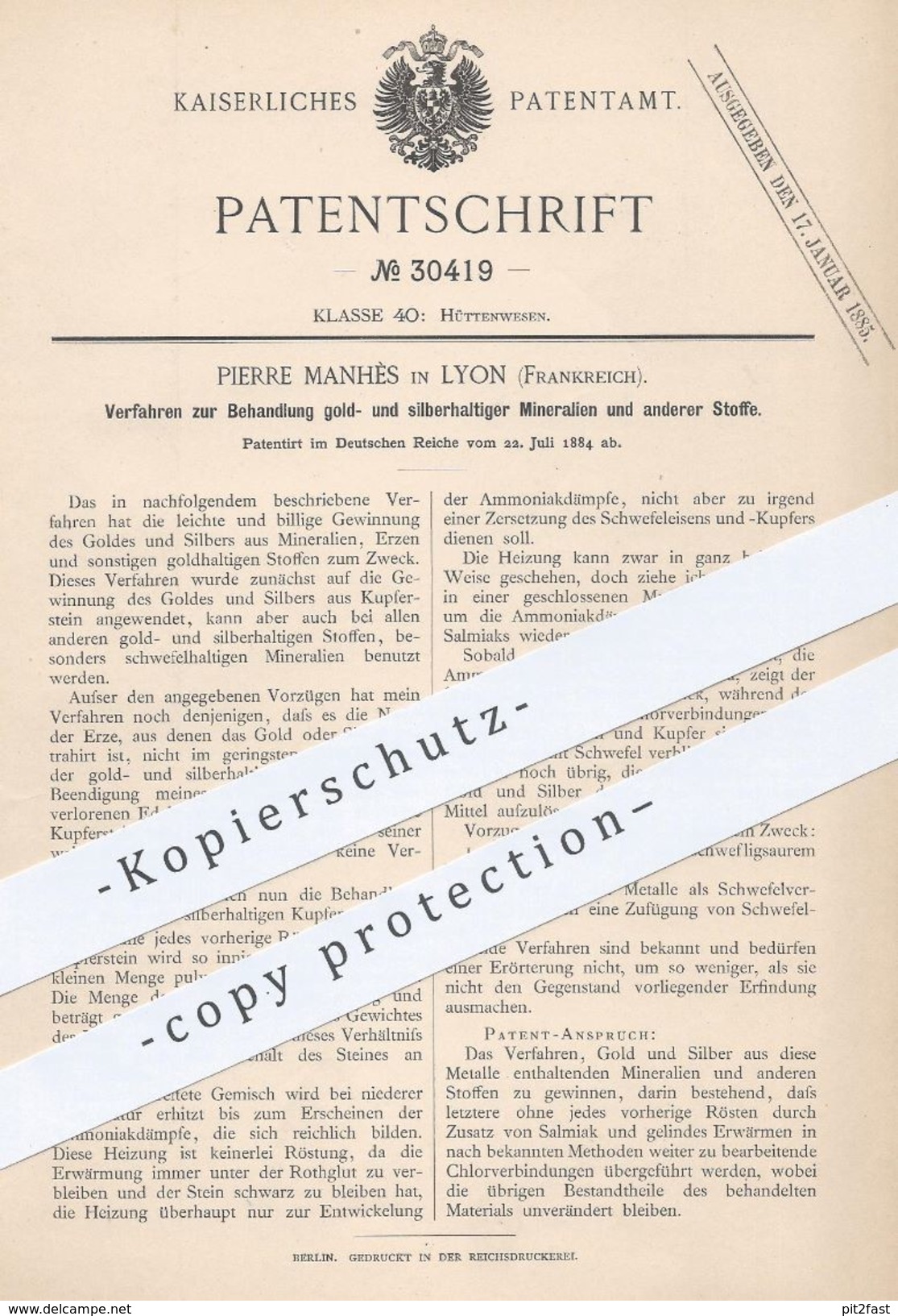 Original Patent - Pierre Manhès , Lyon , 1884 , Behandlung Gold- U. Silberhaltiger Mineralien | Gold , Silber , Erze !! - Historische Dokumente