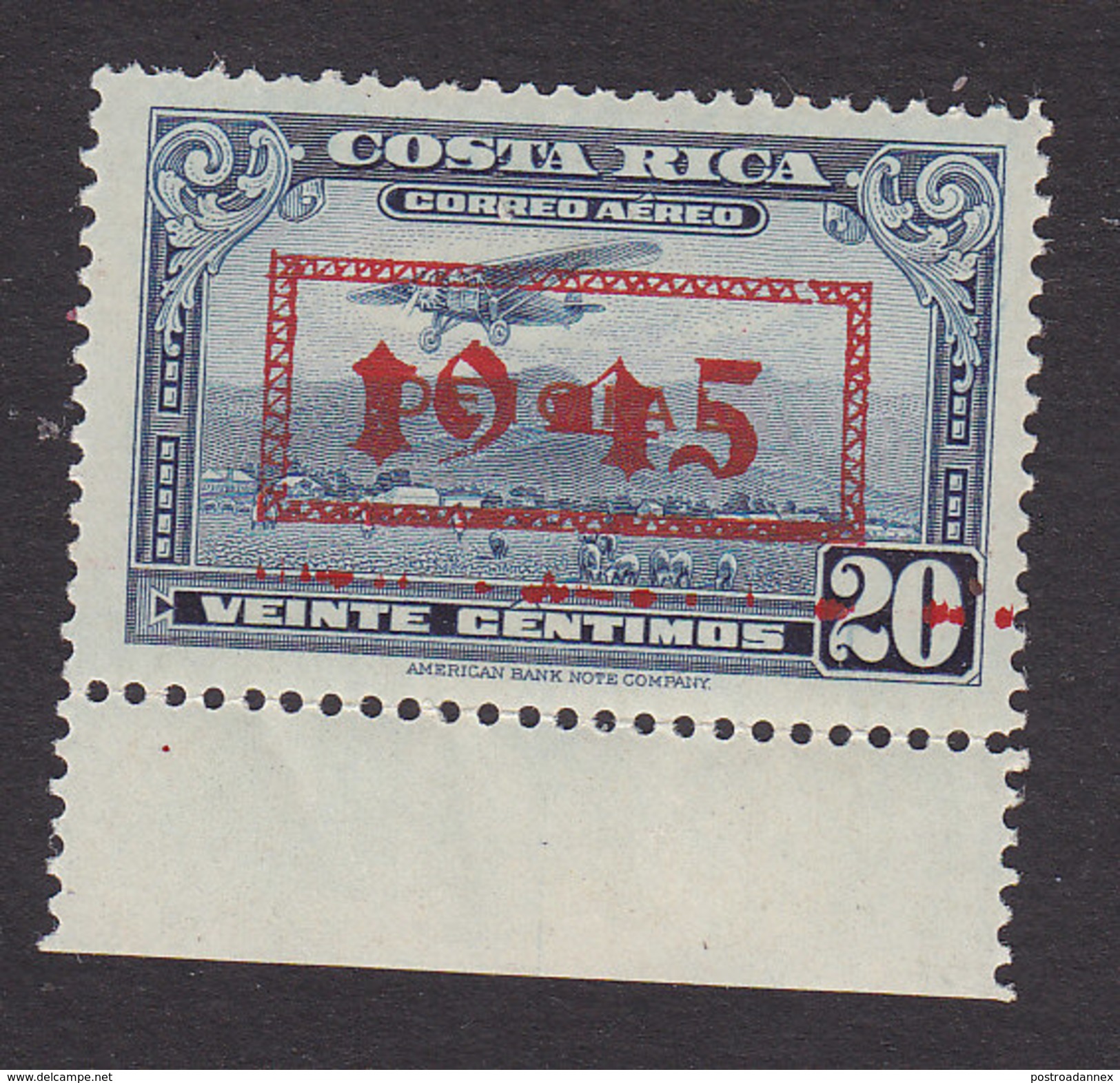 Costa Rica, Scott #C107, Mint Hinged, Plane Overprinted, Issued 1945 - Costa Rica