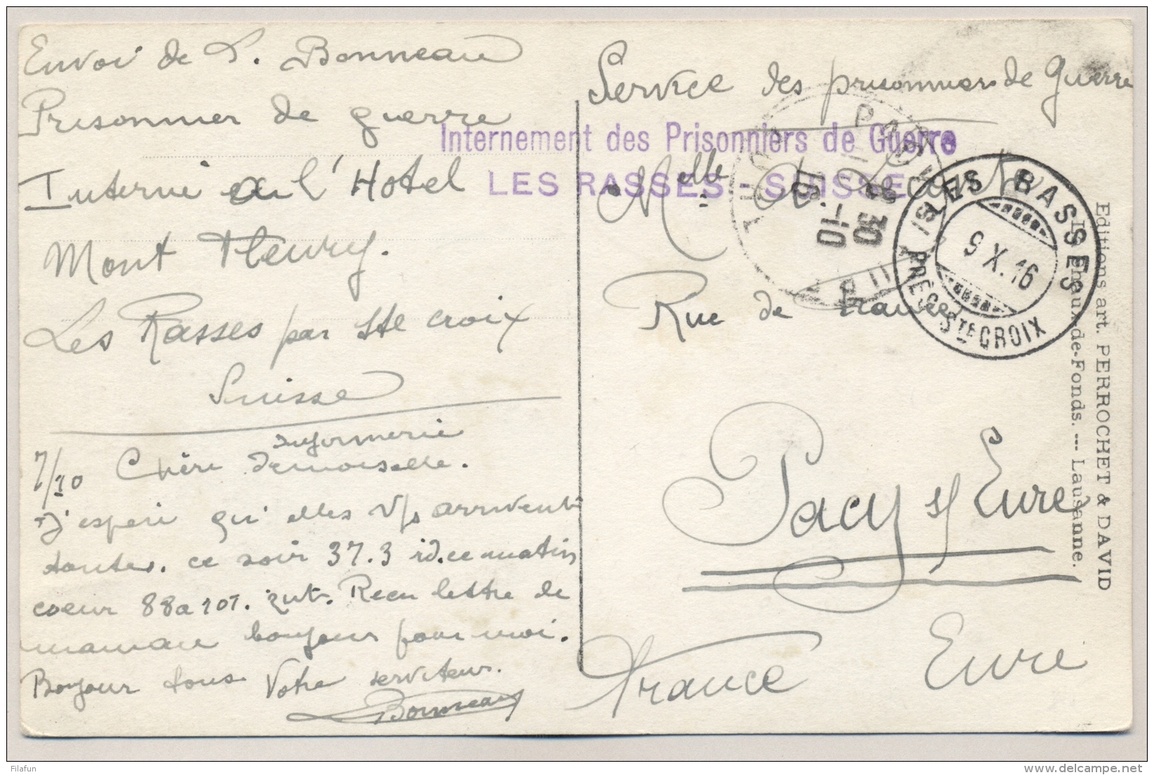 Schweiz - 1916 - POW-Postcard From LES RASSES To France - Documenten