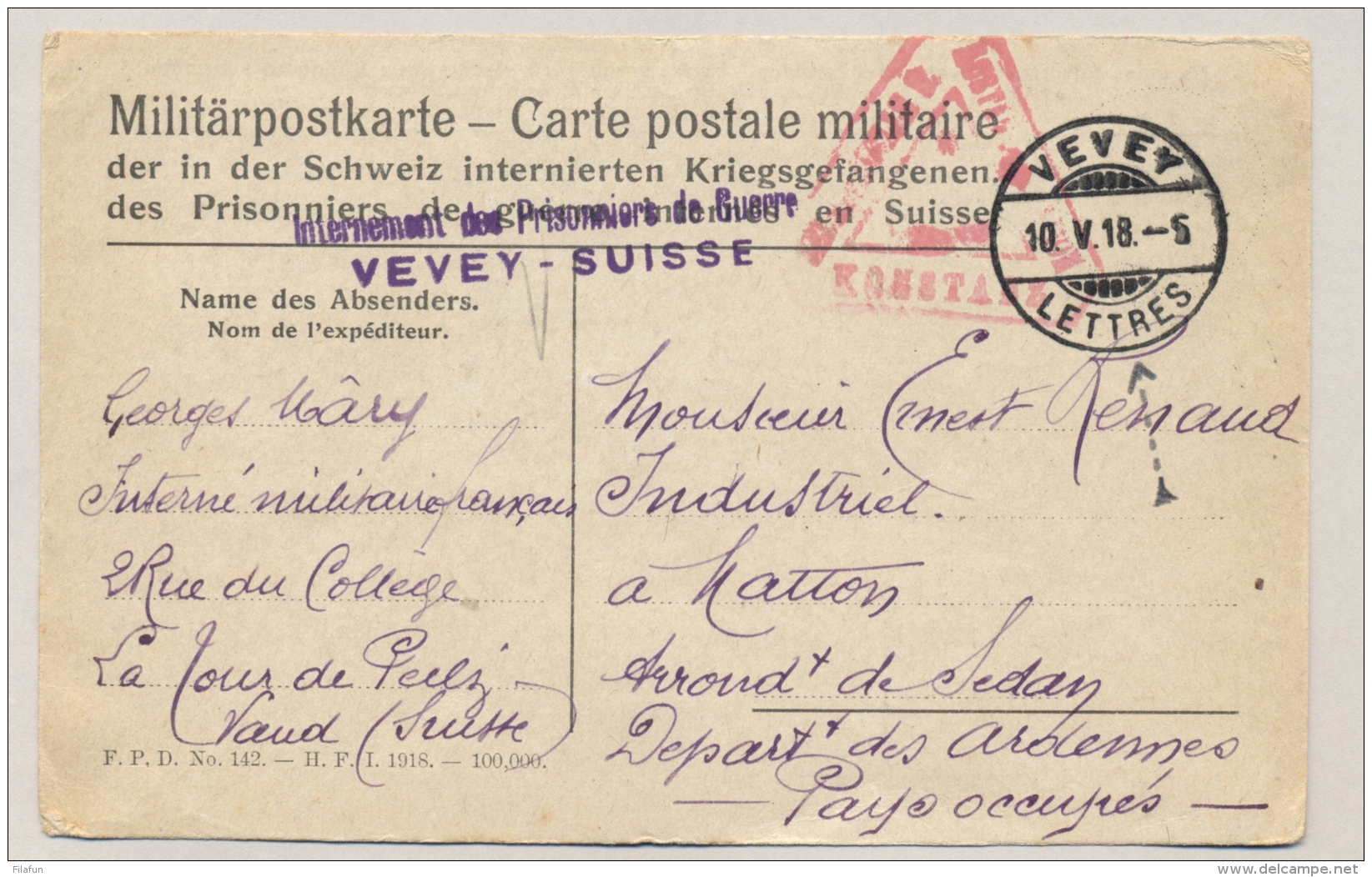 Schweiz - 1918 - Konstanz Censored POW-Postcard From VEVEY To Departement Des Ardennes / Pays Occupés - Documenten