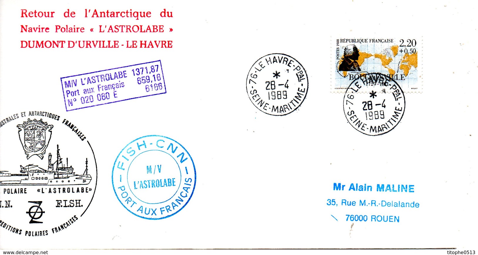 FRANCE. Enveloppe Commémorative De 1989. L'Astrolabe En Terre Adélie. Oblitération Du Havre. - Polar Ships & Icebreakers