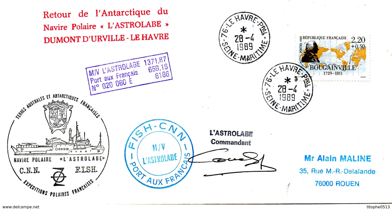 FRANCE. Enveloppe Commémorative De 1989. L'Astrolabe En Terre Adélie. Oblitération Du Havre. - Polar Ships & Icebreakers