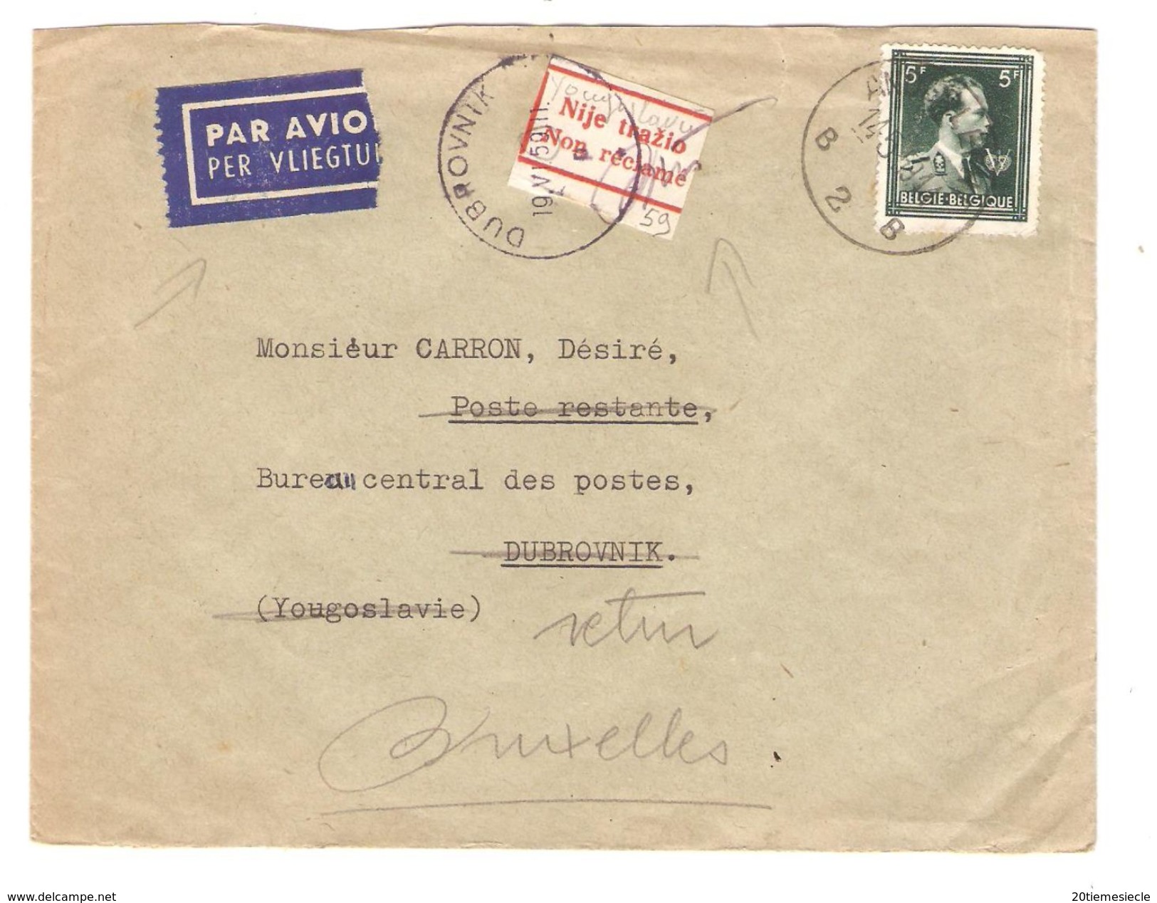 TP 696 S/L.Avion C.Antwerpen 1959 V.Dubrovnik Croatie étiquette Croate De Non Distribution Rare AP1537 - Lettres & Documents