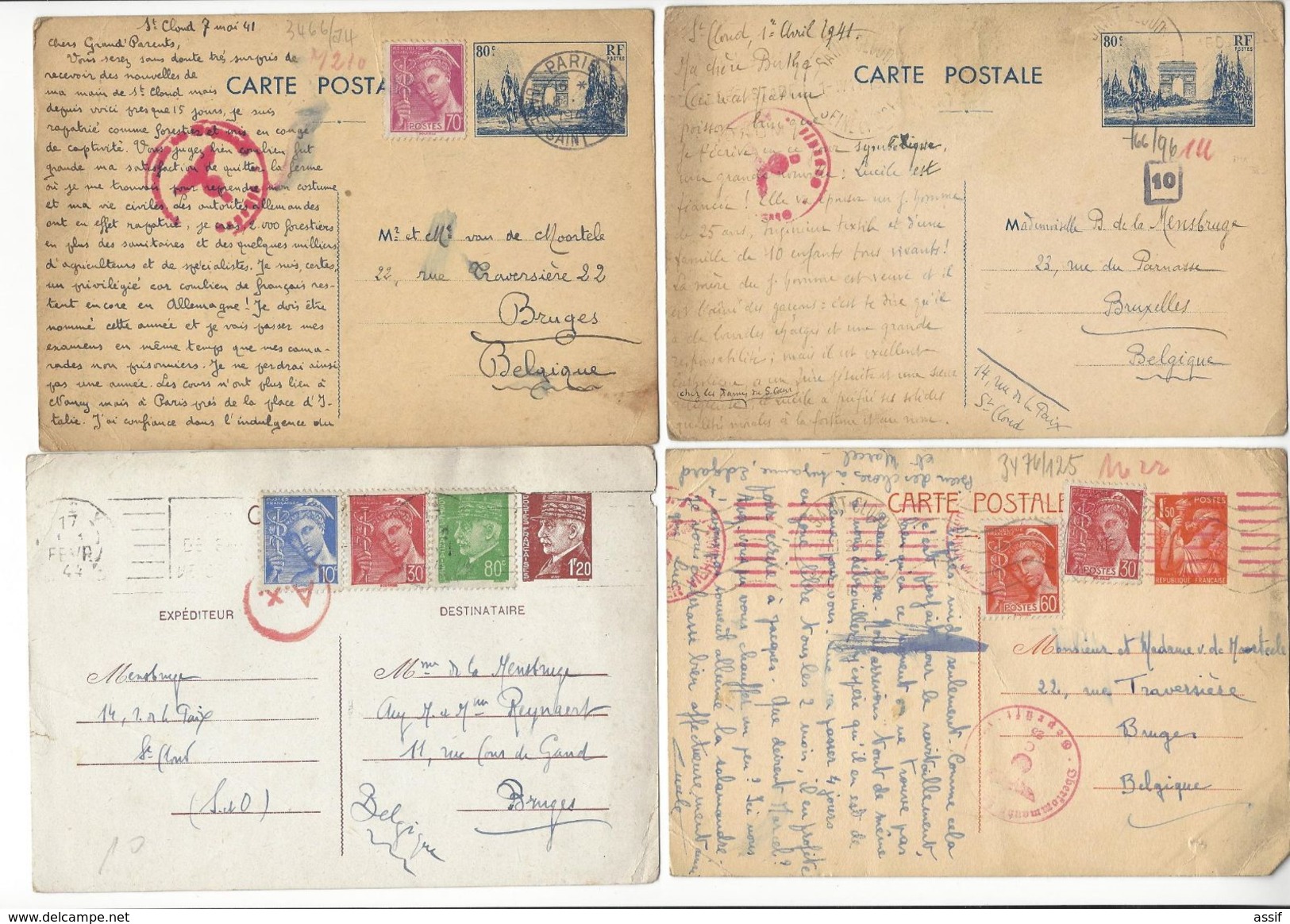 14 DOCS. CENSURE CENSOR GUERRE WW2 CAMP DE TROUHANS CARTE INTERZONE BELGIQUE COMPLEMENT D'AFFRANCHISSEMENT /FREE SHIP. R