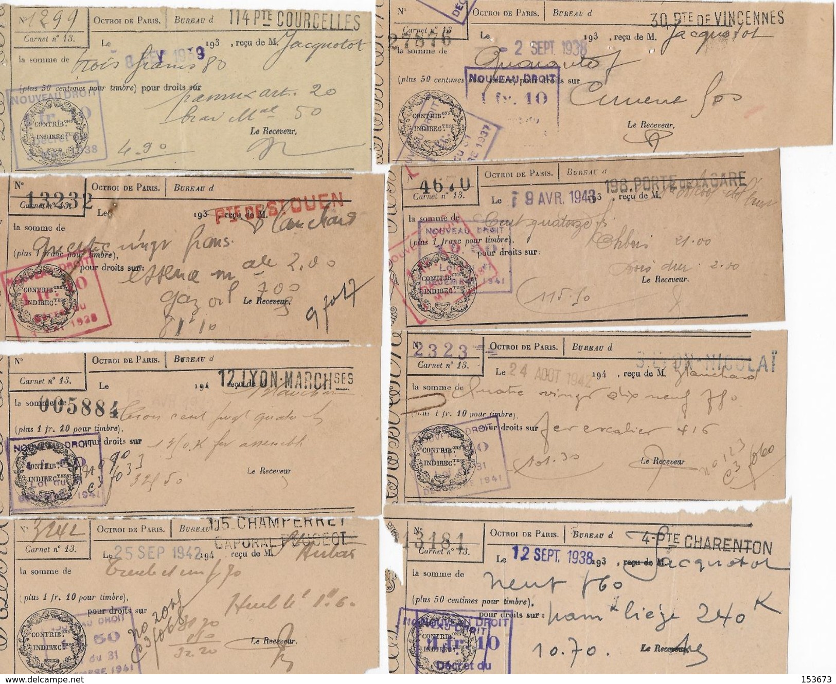 FISCAL - PARAFISCAL 16 Reçus Contributions Indirectes Divers Octrois De Paris Entre 1938 Et 1942 - Autres & Non Classés