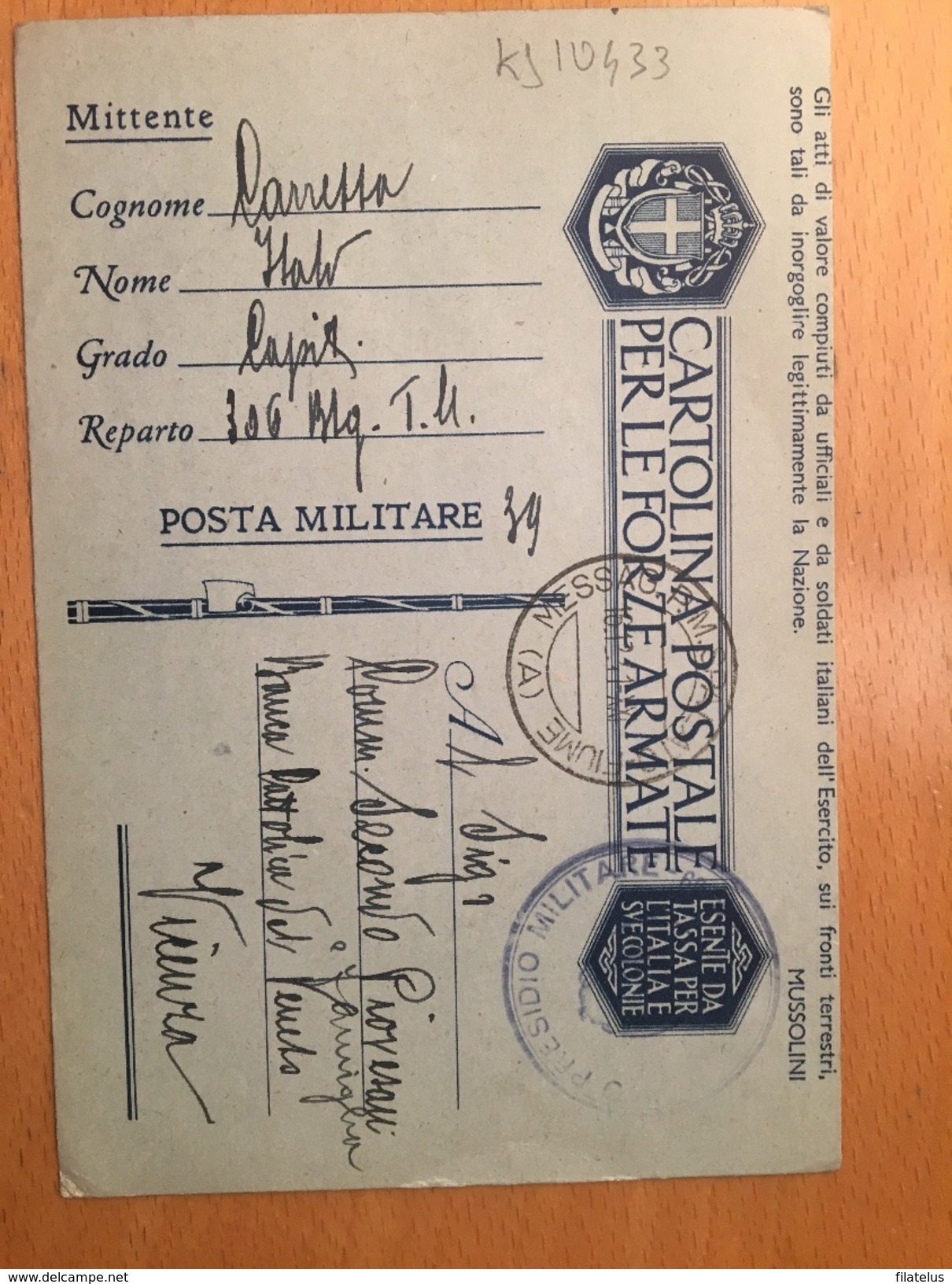 CARTOLINA POSTALE X LE FORZE ARMATE-306 BTG. T.U.POSTA MILITARE 39-FRASE DI MUSSOLINI - Posta Militare (PM)