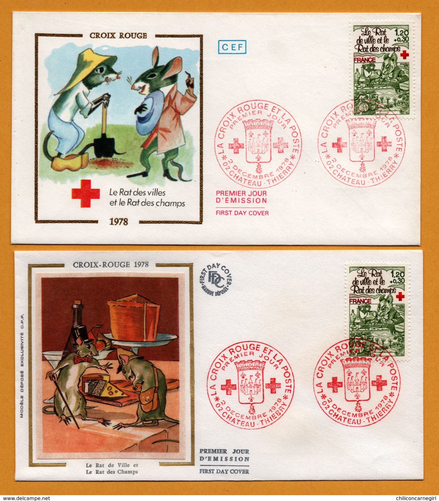 2 FDC - Croix Rouge Et La Poste - Soie - Le Rat De Ville Et Le Rat Des Champs - Fromage - 02 Chateau Thierry - O.P.P. - 1970-1979