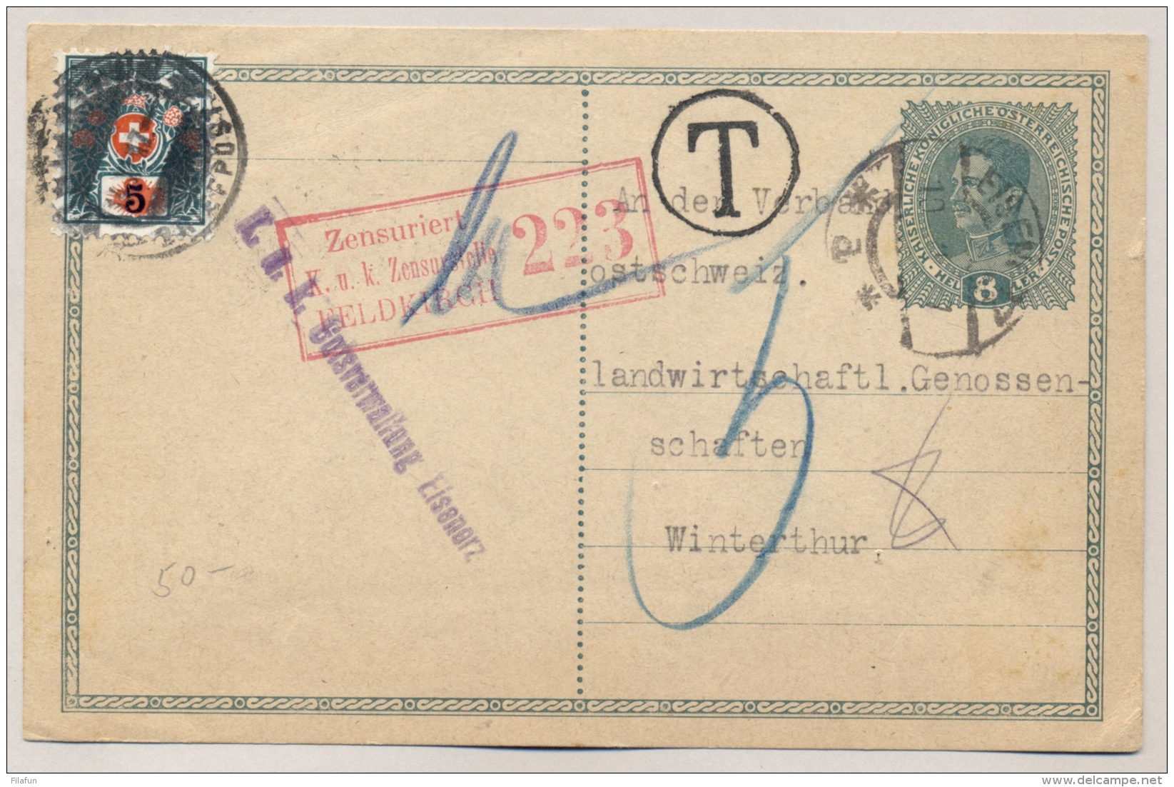 Schweiz - 1917 - 5 Cent Overprint On 3 Cent Portomarke On Taxed And Censored Postcard From KuK Eizenerz To Winterthur - Strafportzegels