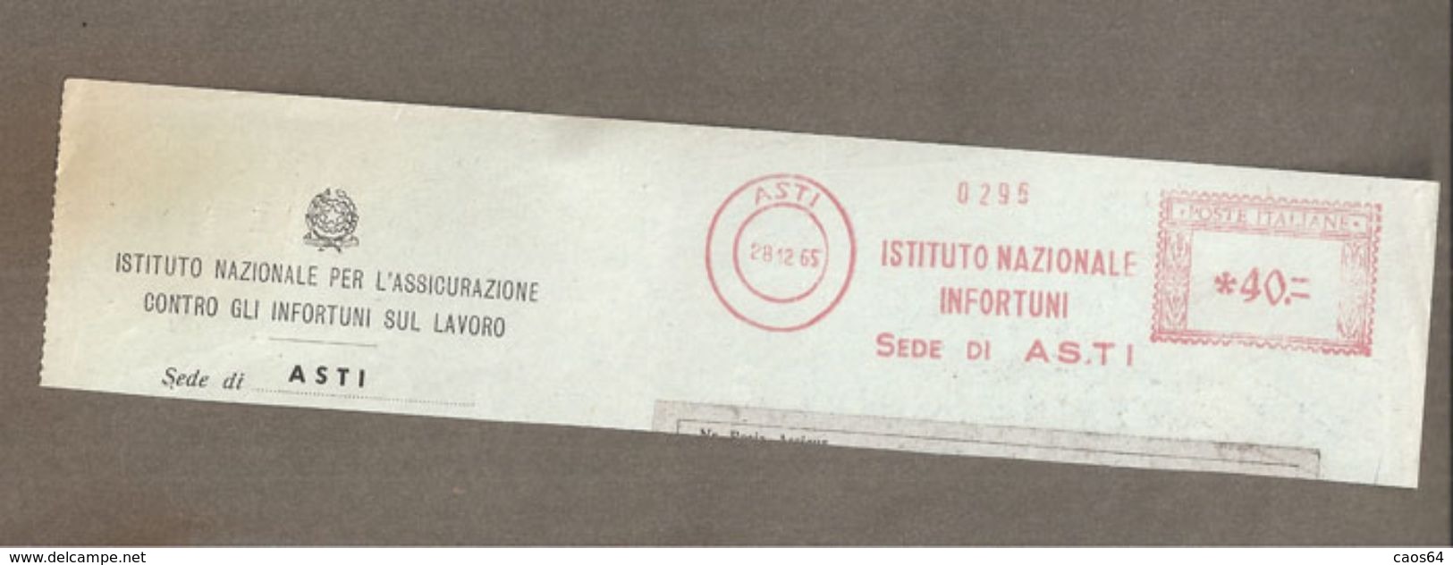 ASTI 1965  EMA ISTITUTO NAZIONALE INFORTUNI Sede Di ASTI  Lire 40 SU FRAMMENTO Affr. Meccanica Rossa - Macchine Per Obliterare (EMA)