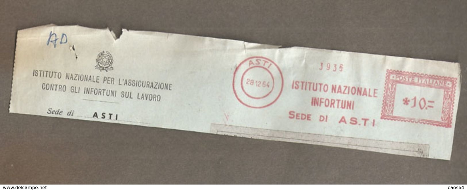 ASTI 1964  EMA ISTITUTO NAZIONALE INFORTUNI Sede Di ASTI  Lire 10  FRAMMENTO Affr. Meccanica Rossa - Franking Machines (EMA)