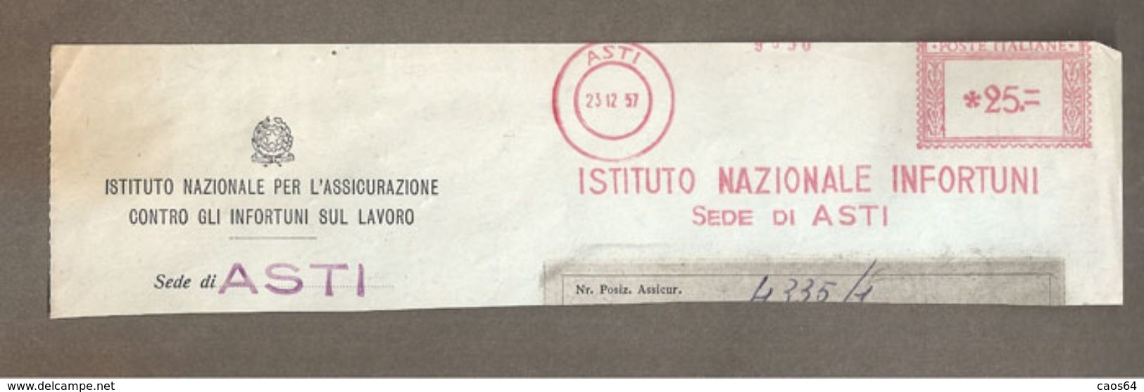 ASTI 1957  EMA ISTITUTO NAZIONALE INFORTUNI Sede Di ASTI  Lire 25 SU FRAMMENTO Affr. Meccanica Rossa - Franking Machines (EMA)