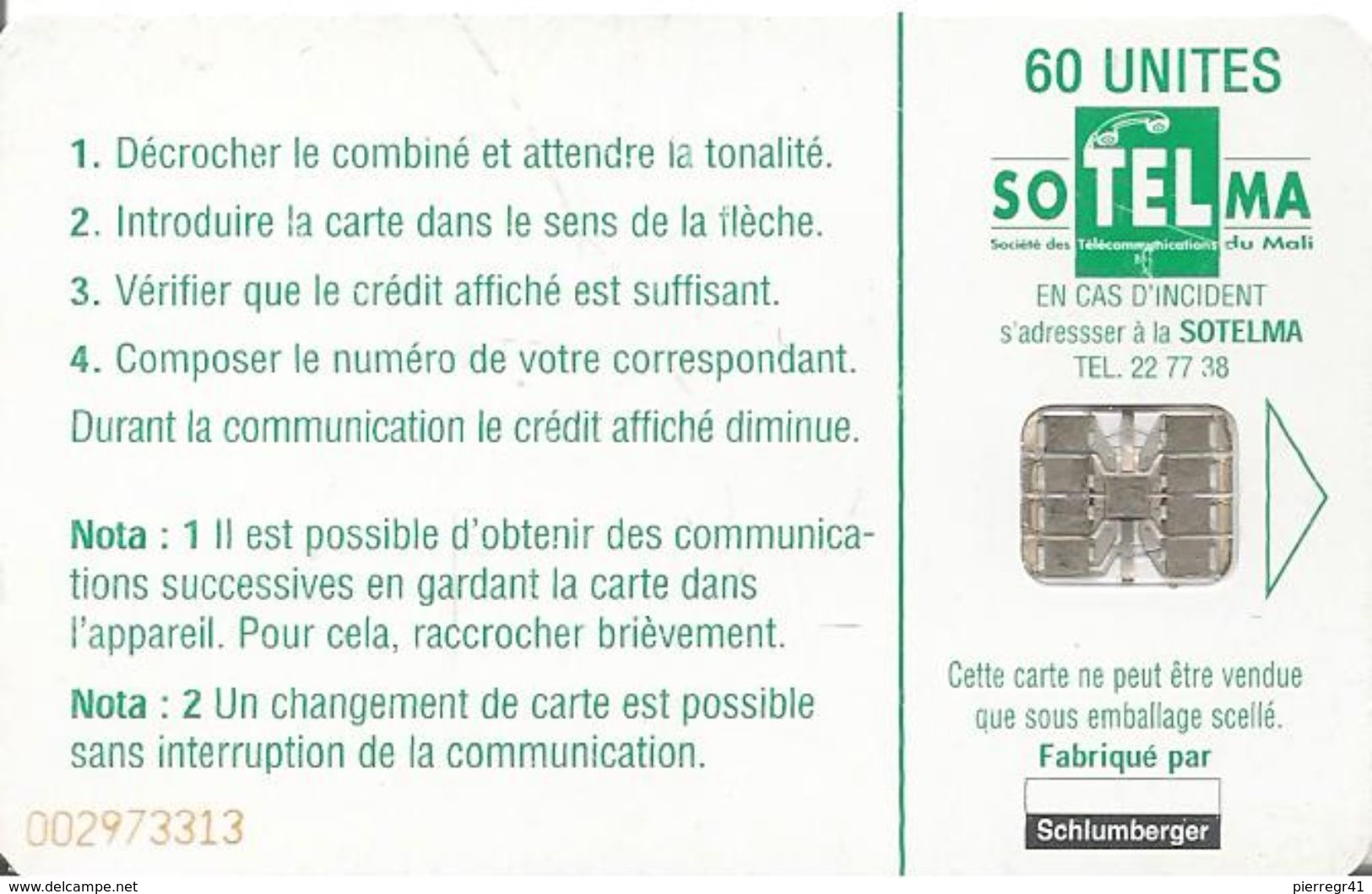 CARTEà-PUCE-MALI-60U-SCHLUM SC7-SIKASSO-BE -RARE - Mali