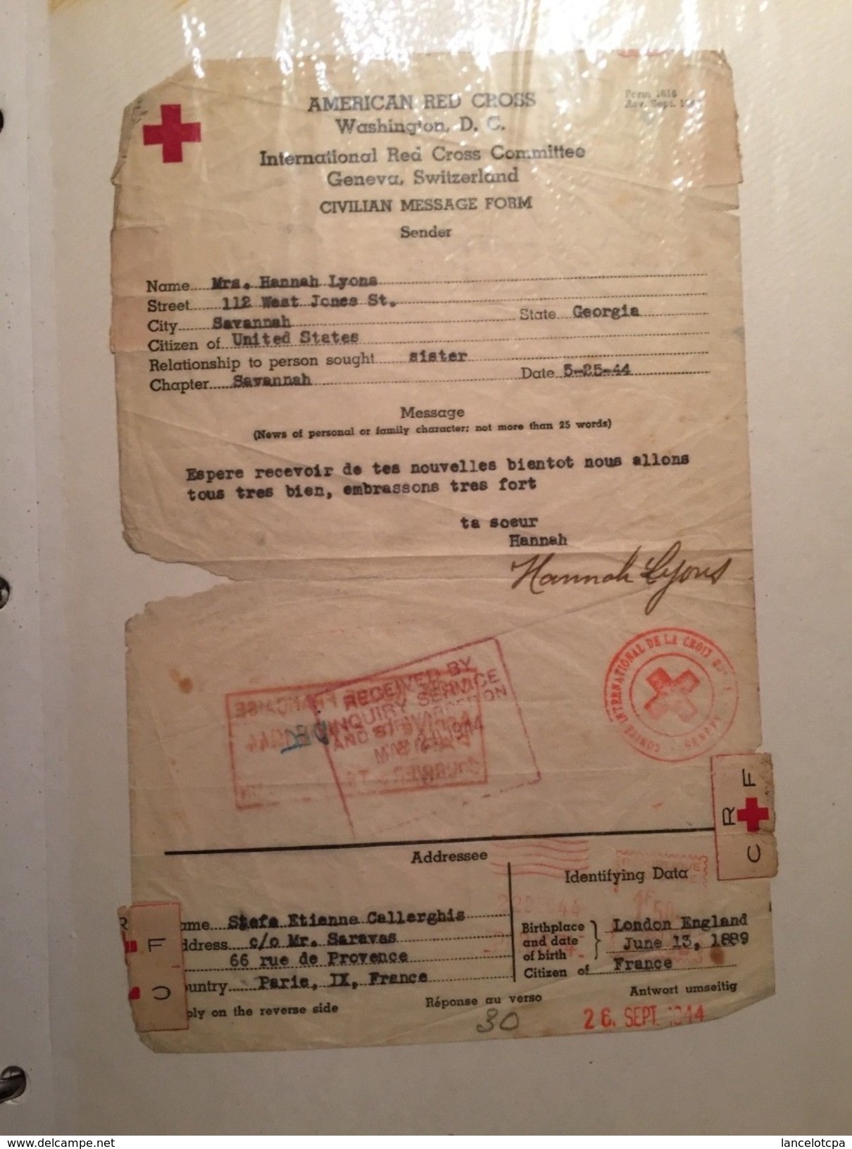 COURRIER AMERICAN RED CROSS De HANNAH LYONS (CROIX ROUGE USA) 26 SEPT 1944 - Cachets Généralité