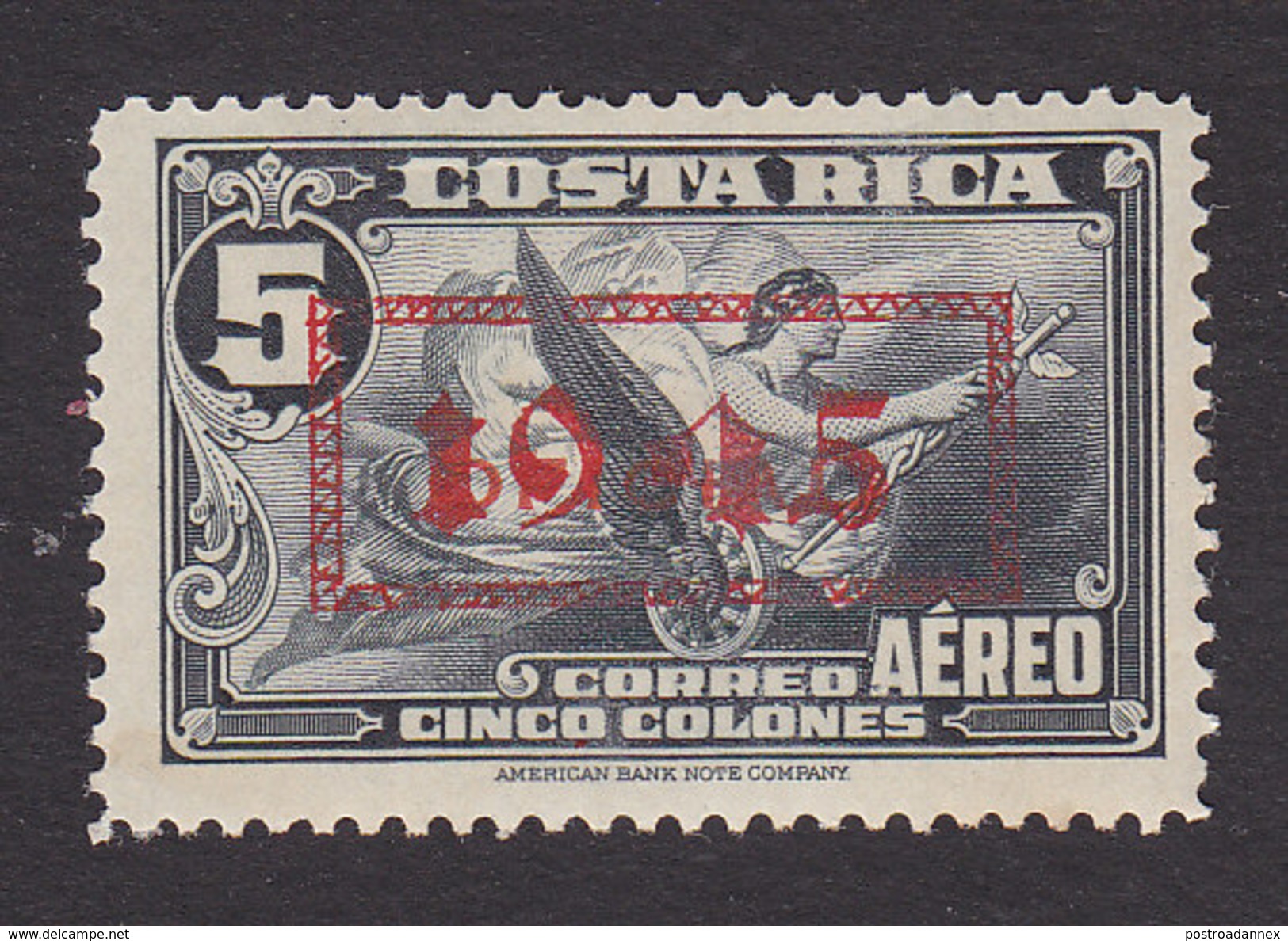 Costa Rica, Scott #C115, Mint Hinged, Plane Overprinted, Issued 1945 - Costa Rica