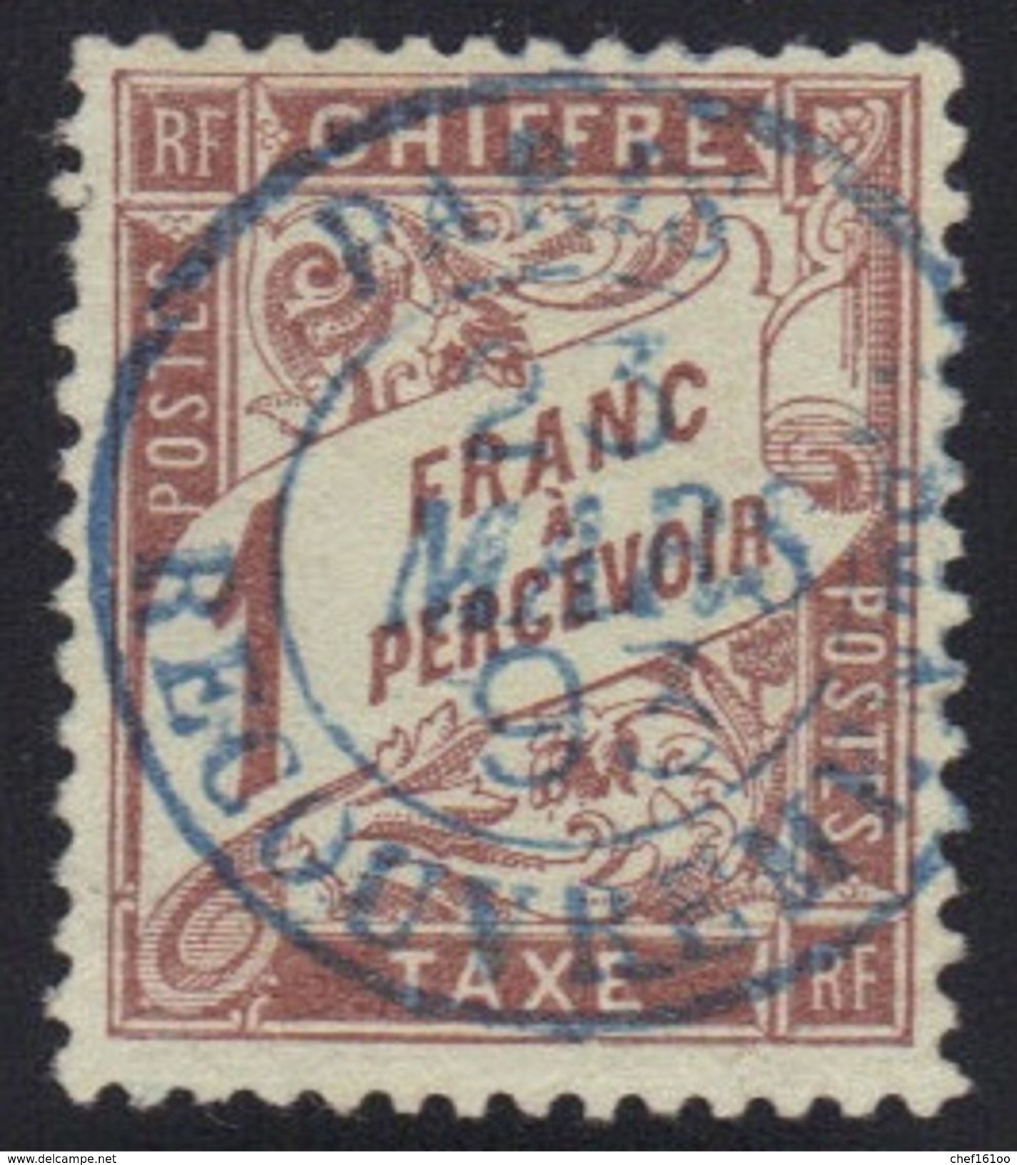 Taxe N°25, 1 Fr. Marron, Oblitération Bleue "Paris Recouvrement 1893". - 1859-1959 Oblitérés