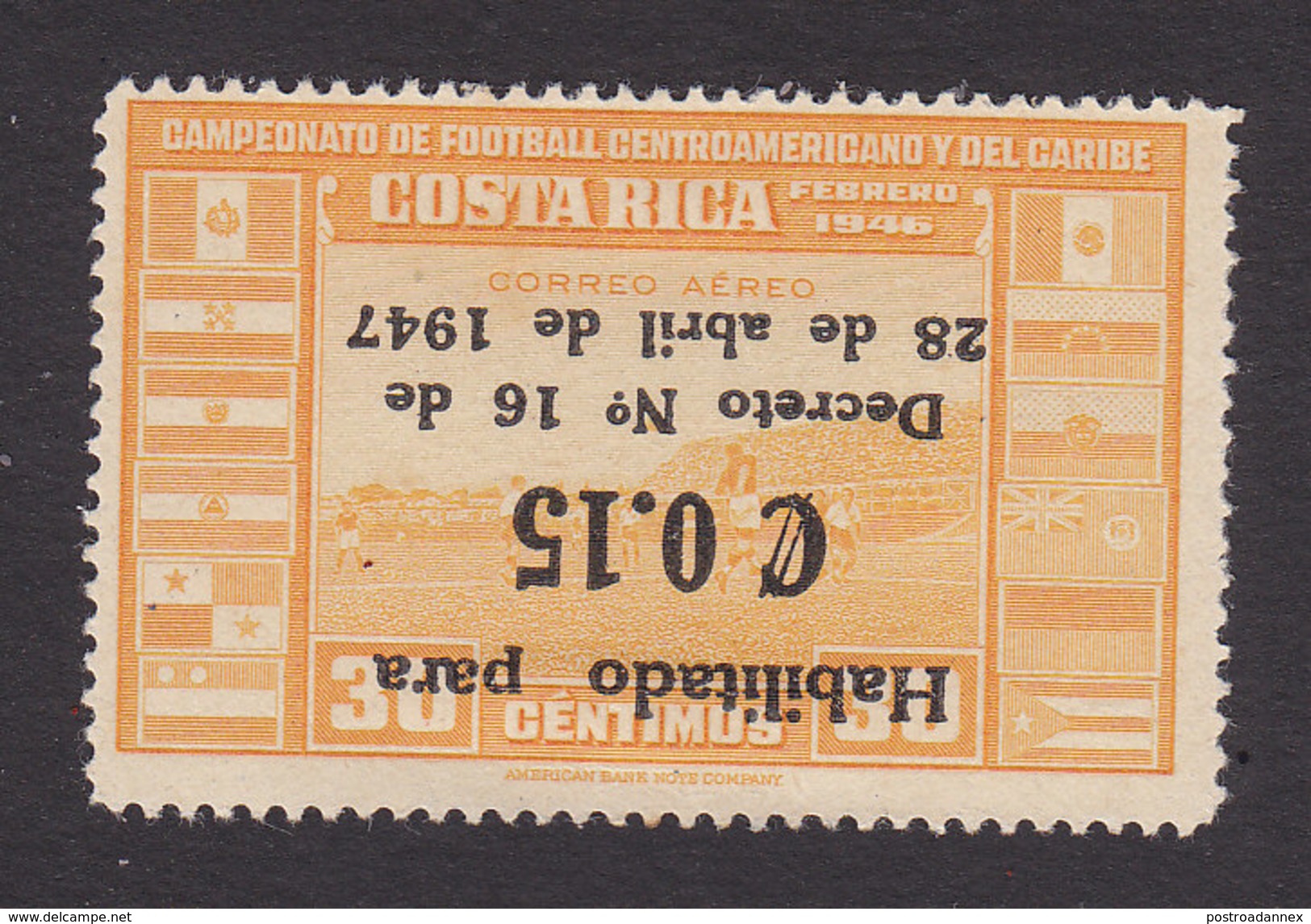 Costa Rica, Scott #C146, Mint Hinged, Soccer Field Surcharged, Issued 1947 - Costa Rica