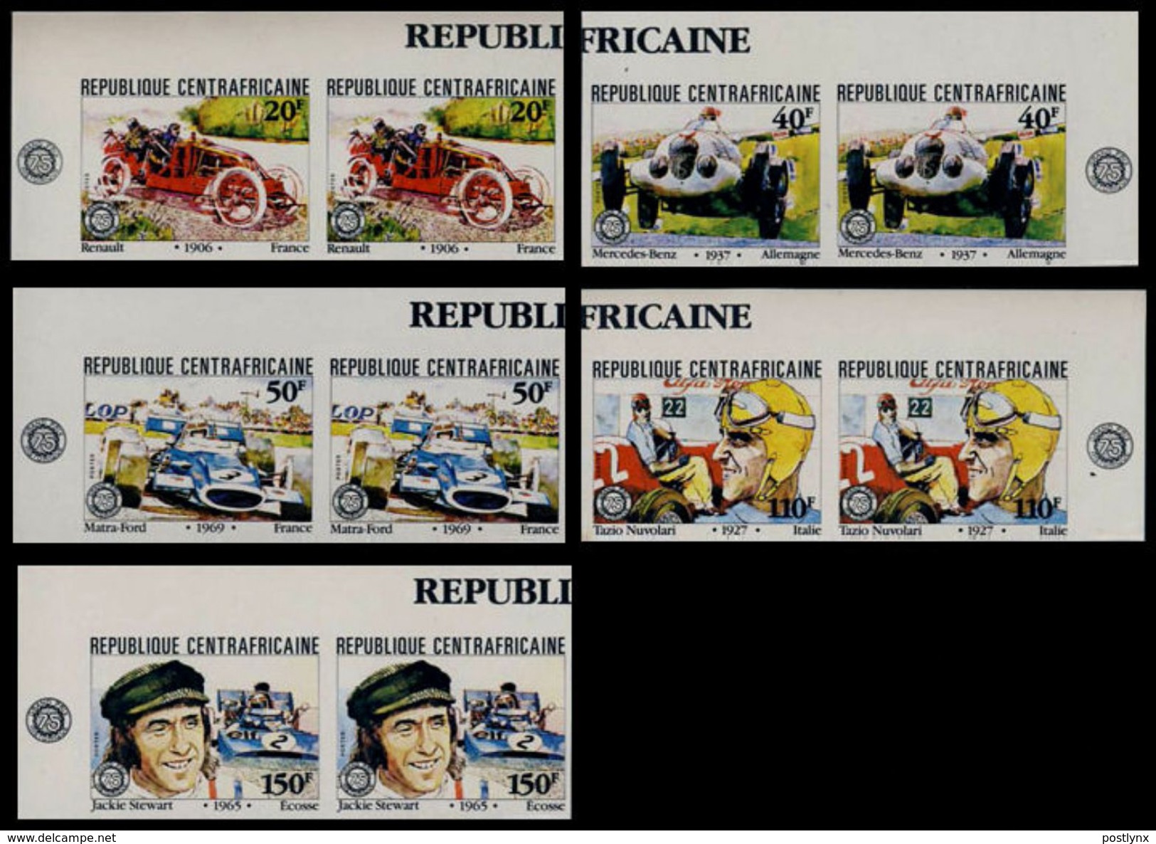 CENTRAL AFRICAN REPUBLIC 1981 Old Sports Cars  IMPERF.CORN.PAIRS:6 (12 Stamps) [non Dentelé, Geschnitten,no Dentado] - Cars