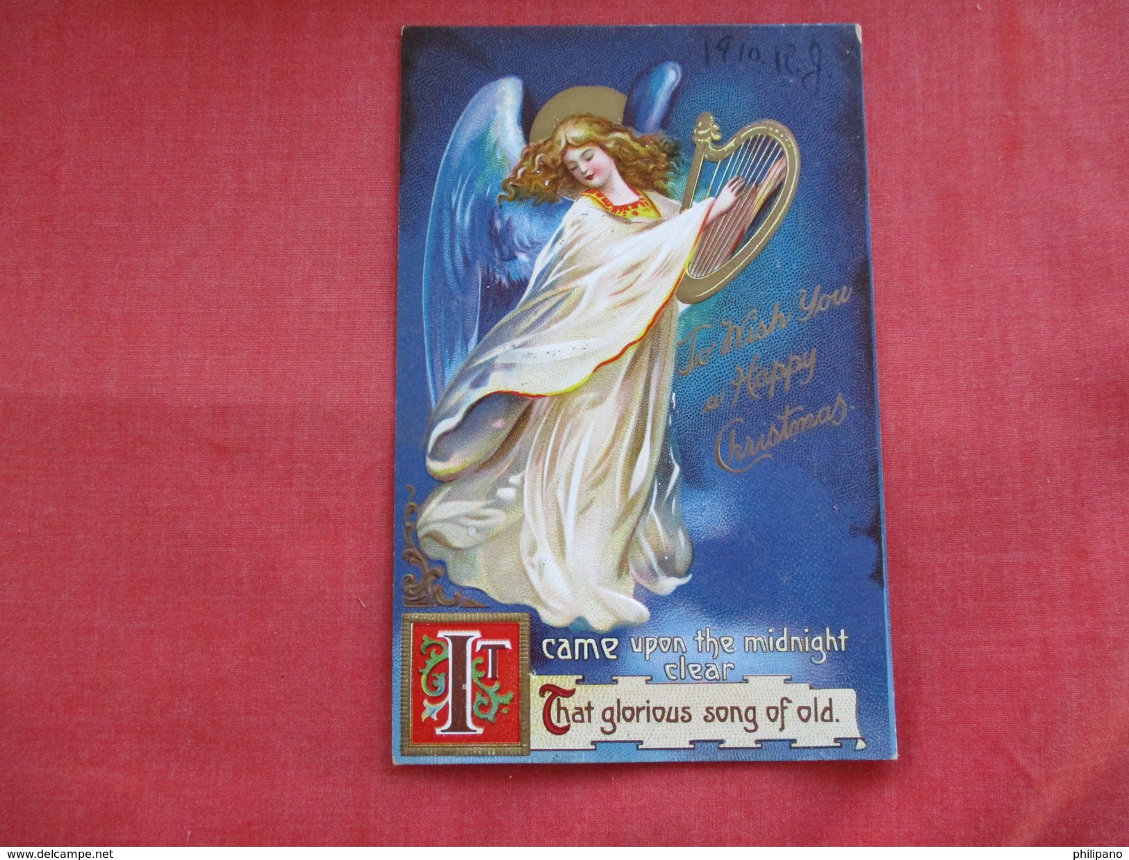 Embossed   Angel With Harp Happy Christmas >   ===ref 2802 - Angels