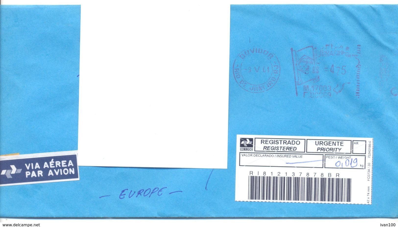 2001. Brazil, The Letter Sent By Registered Air-mail Post To Moldova - Brieven En Documenten