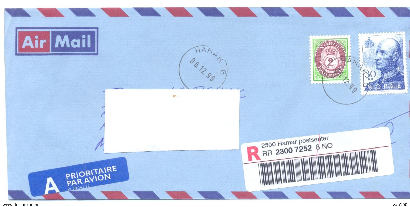 1999. Norway,  The Letter Sent By  Registered Air-mail Post To Moldova - Briefe U. Dokumente