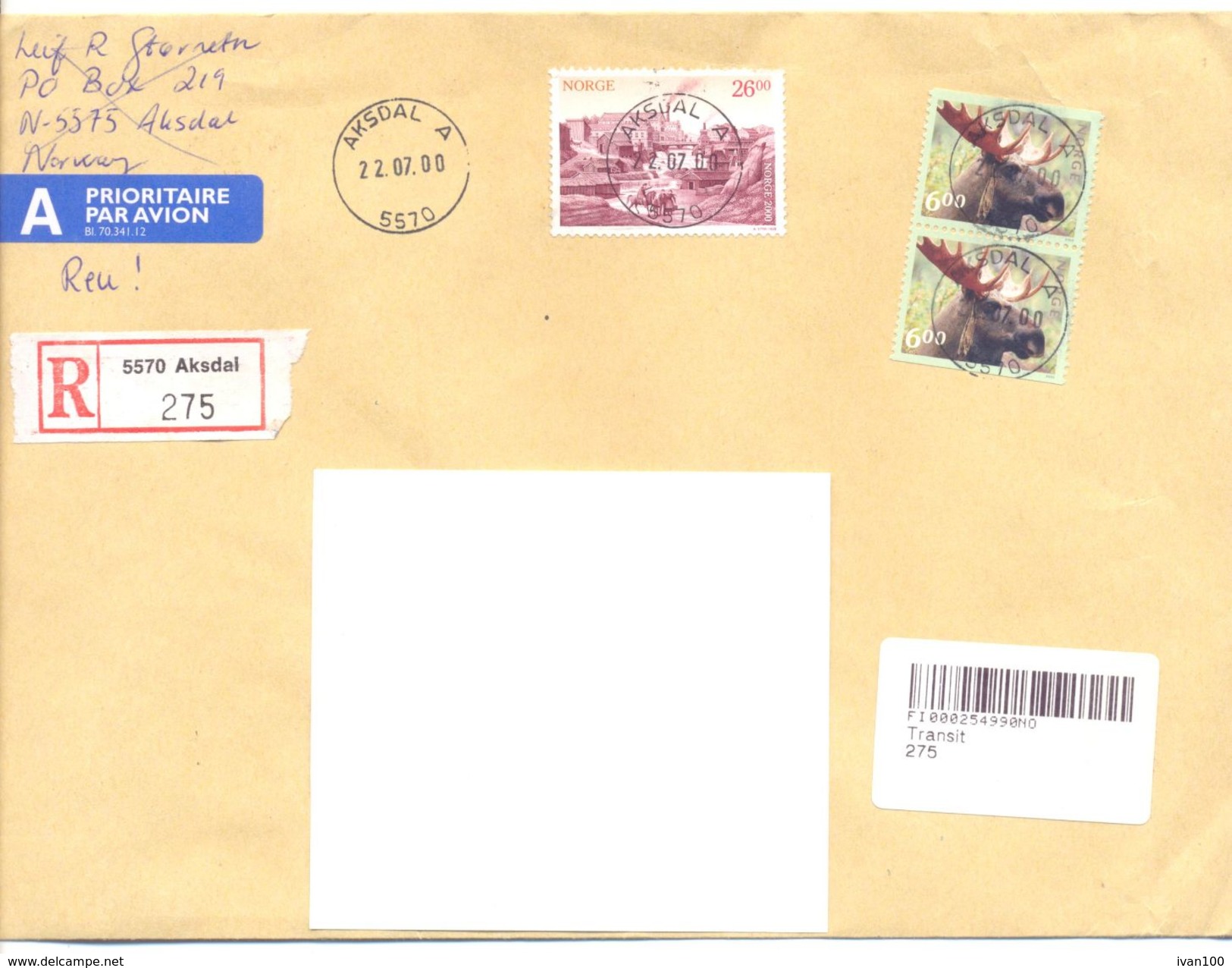 2000. Norway,  The Letter Sent By  Registered Air-mail Post To Moldova - Briefe U. Dokumente