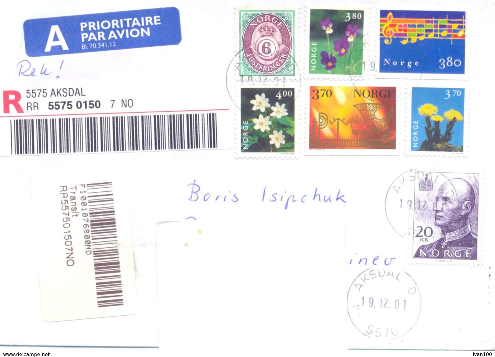 2001. Norway,  The Letter Sent By  Registered Air-mail Post To Moldova - Brieven En Documenten