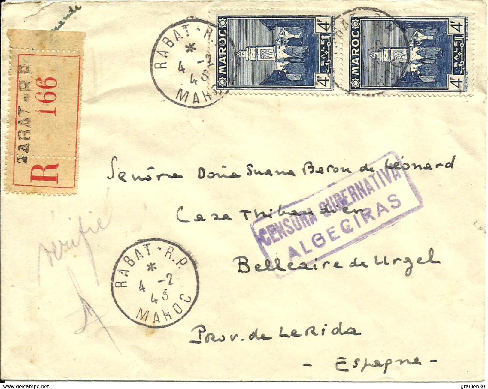 Rec. De RABAT Avec Griffe CENSURA D'ALGECIRAS Pour Bellecaire De URGEL-LERIDA -ESPAGNA - 1943 - - Briefe U. Dokumente